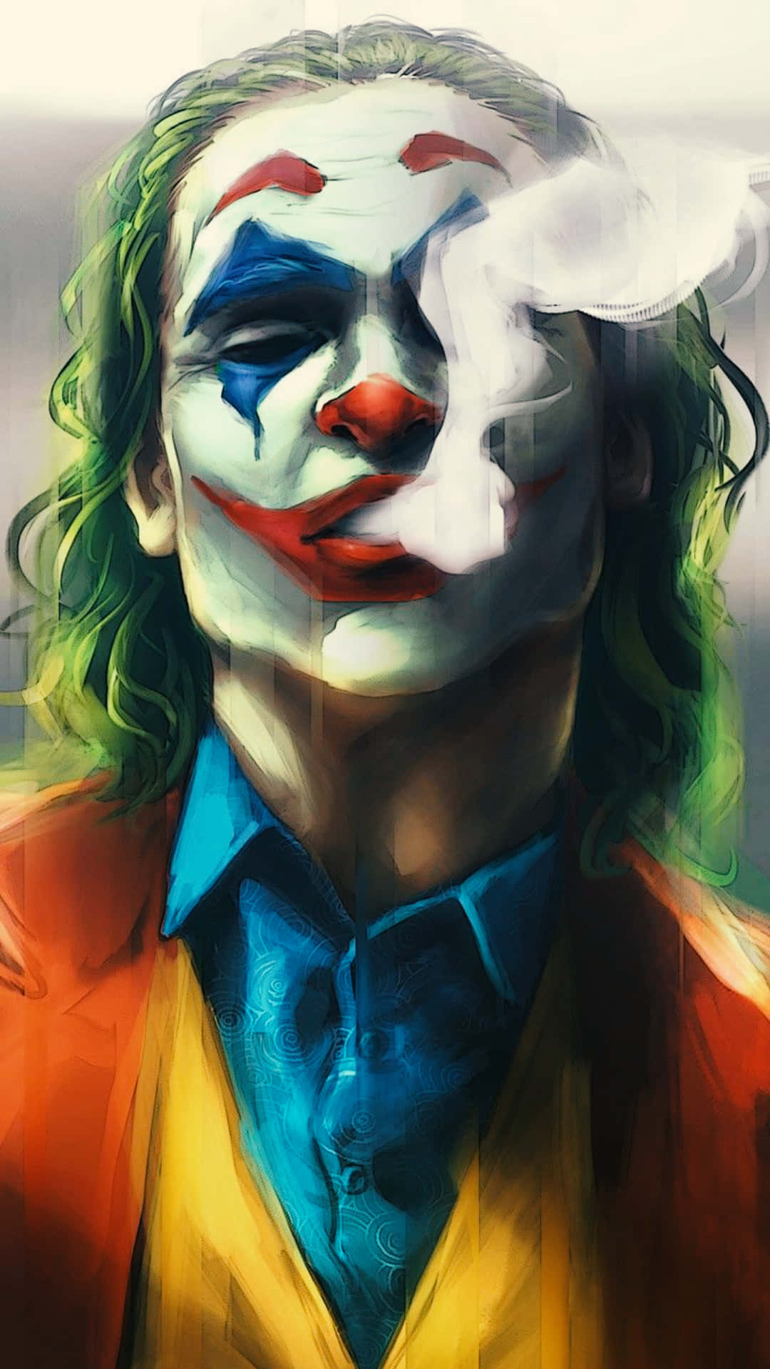 小丑 桌布 壁紙 — 一幅數位繪畫的小丑肖像，他正在抽煙，煙霧遮蓋了他半邊臉。