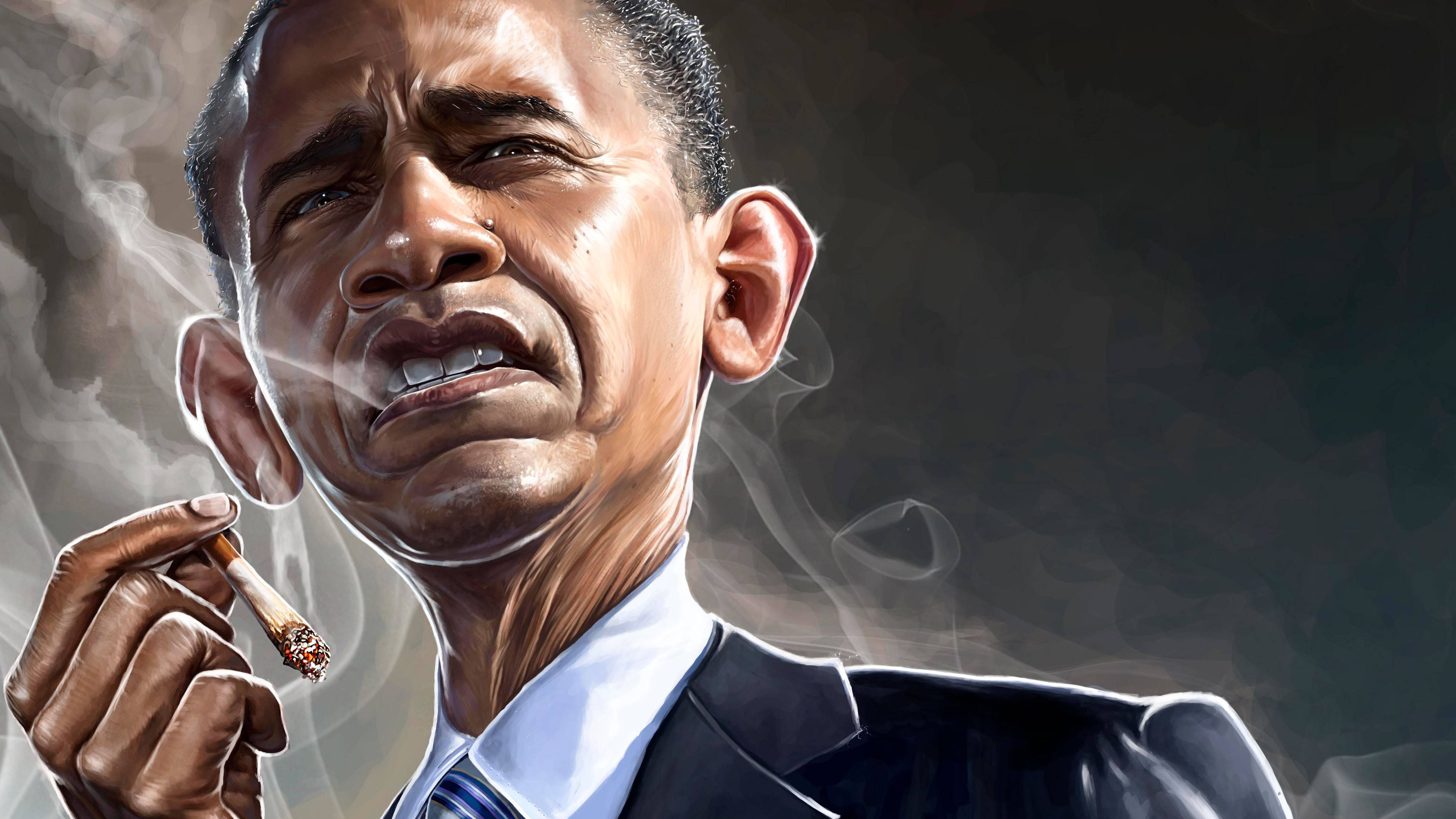 Barack 桌布 壁紙 — 一幅數位繪畫的巴拉克·歐巴馬肖像，手持點燃的香煙，煙霧在臉龐周圍繚繞，背景為深色。