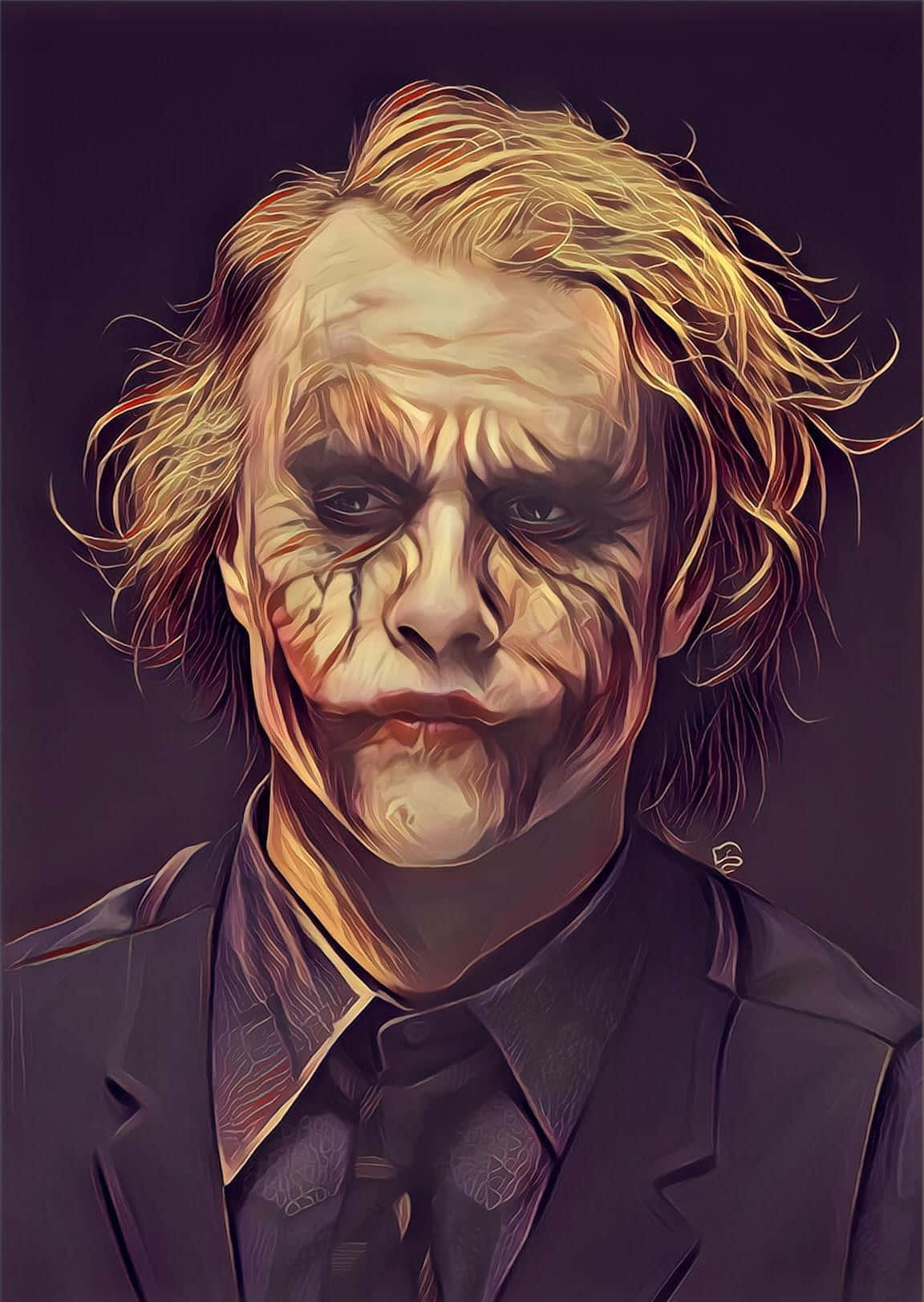 Joker Painting 桌布 壁紙 — 一幅數位繪製的小丑肖像，凌亂的金色頭髮和塗抹的白色臉部顏料，背景為深紫色。