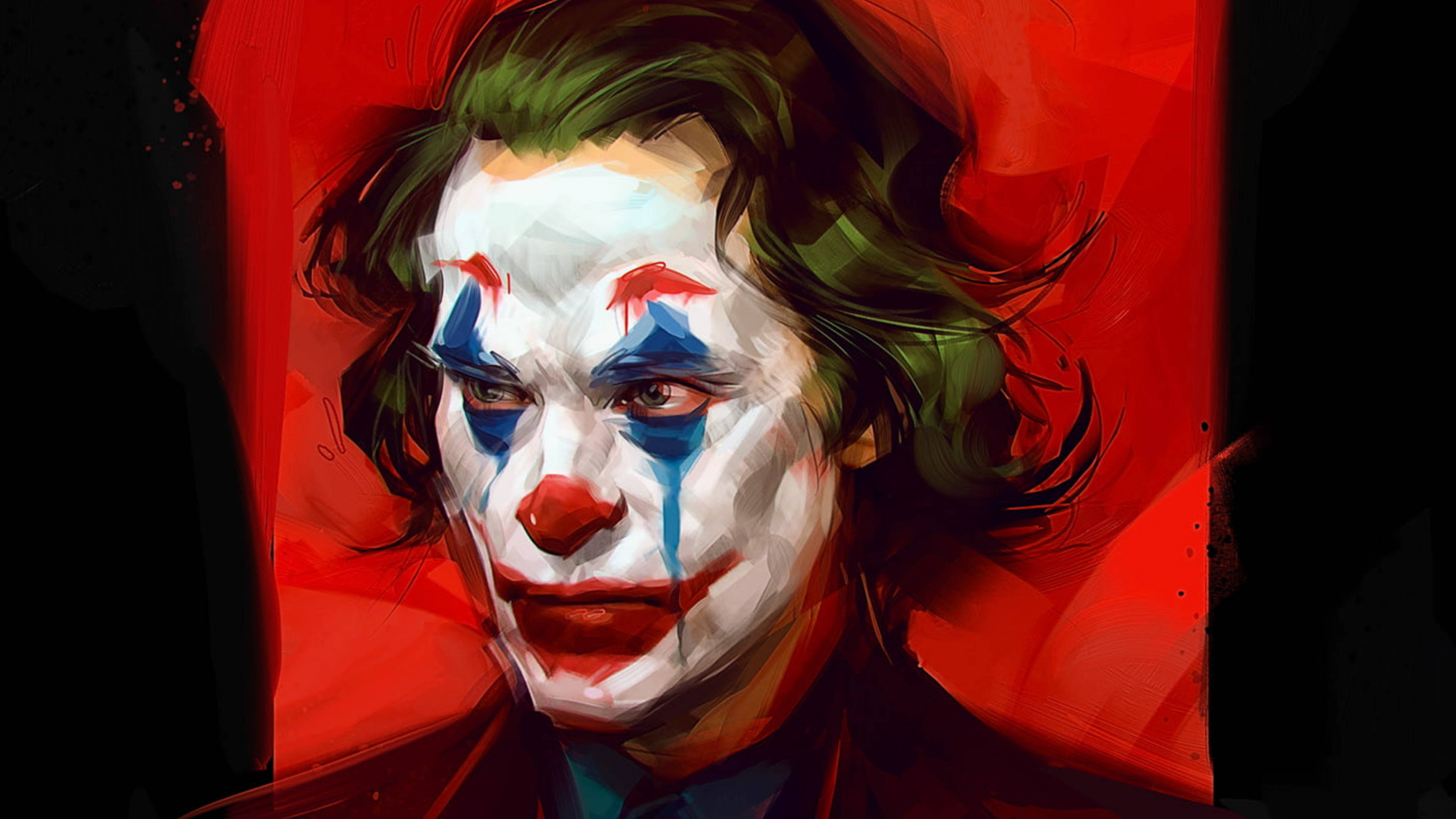 Joker Drawing 桌布 壁紙 — 一幅數位繪製的小丑肖像，白色臉龐、藍色眼淚、紅色嘴唇和綠色頭髮，背景是鮮豔的紅色。