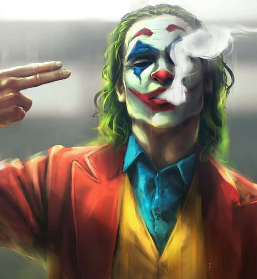 小丑 桌布 壁紙 — 一幅數位繪製的小丑肖像，綠色頭髮、白色臉部塗料、紅色嘴唇和藍色淚痕，抽煙並做出和平手勢。