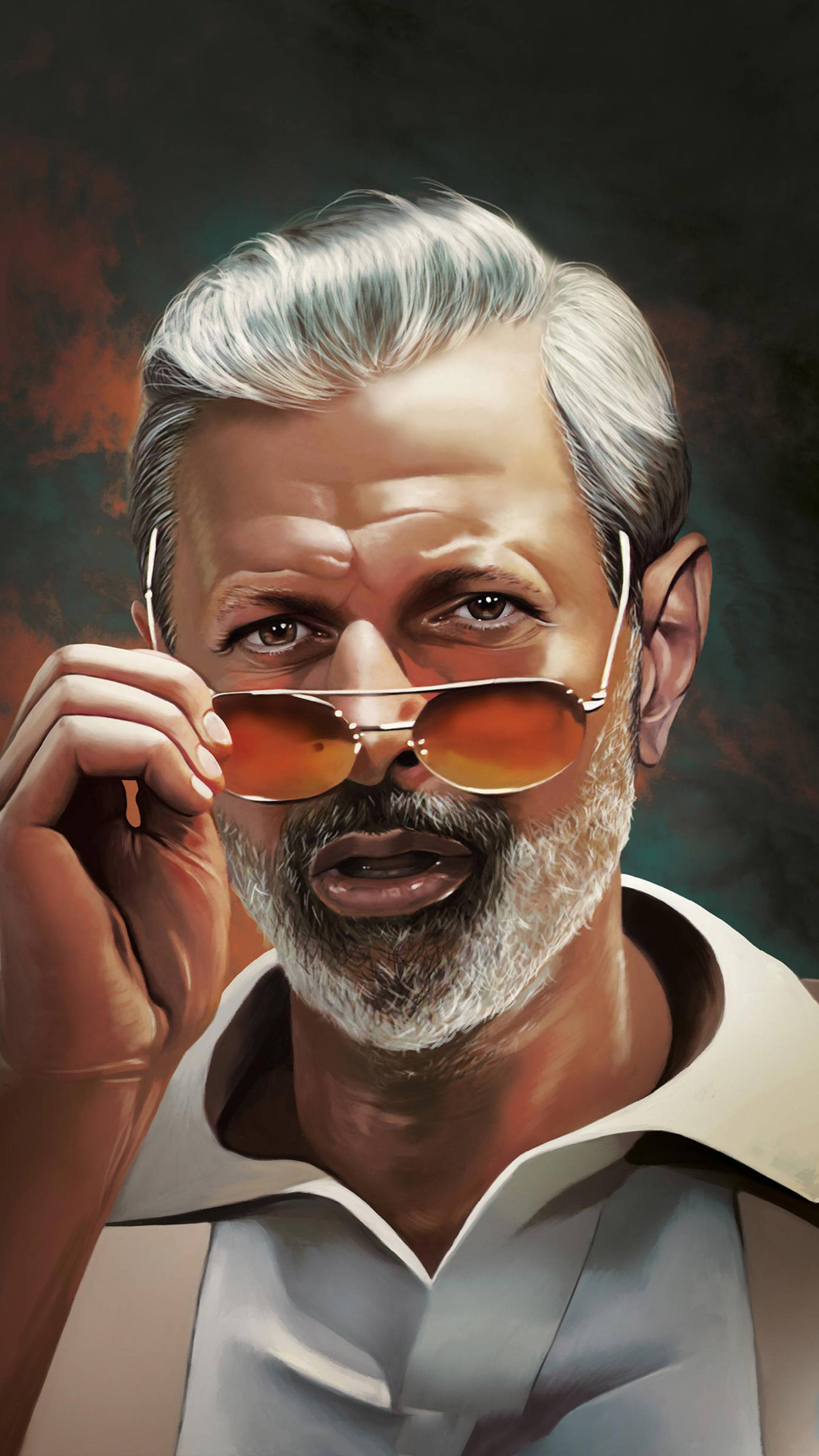 jeff goldblum 桌布 壁紙 — 一幅數位繪製的肖像，描繪一位灰髮鬍鬚男抬起他的橙色太陽眼鏡，露出銳利的眼神。