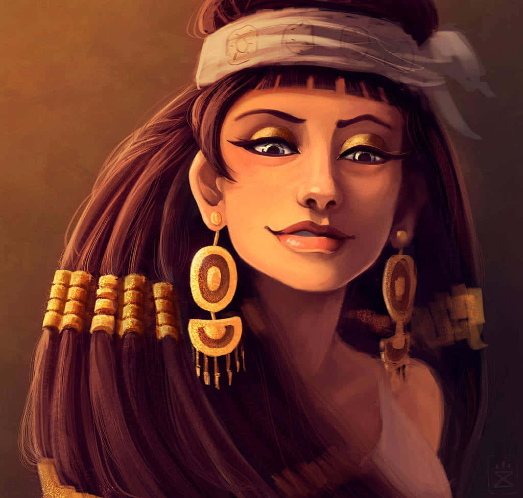 Cleopatra 桌布 壁紙 — 一幅數位繪製的肖像畫，描繪一位古埃及女性，畫有金色眼妝，戴著華麗的圈形耳環，背景為溫暖的棕色。
