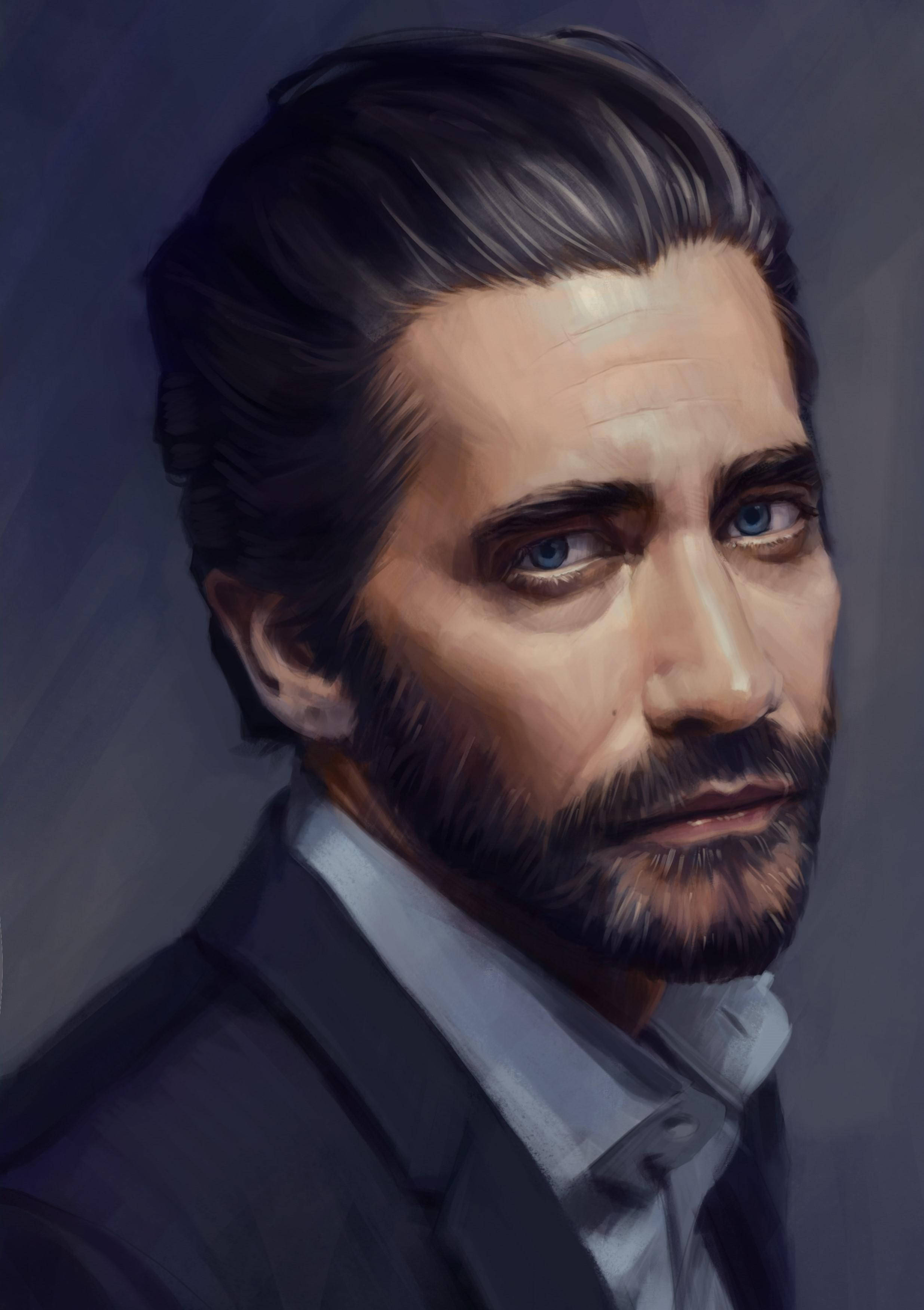 jake 桌布 壁紙 — 一幅數位繪製的肖像畫，描繪一位擁有深邃藍眼睛和深色鬍鬚、身穿西裝的男子，背景為柔和的灰色。