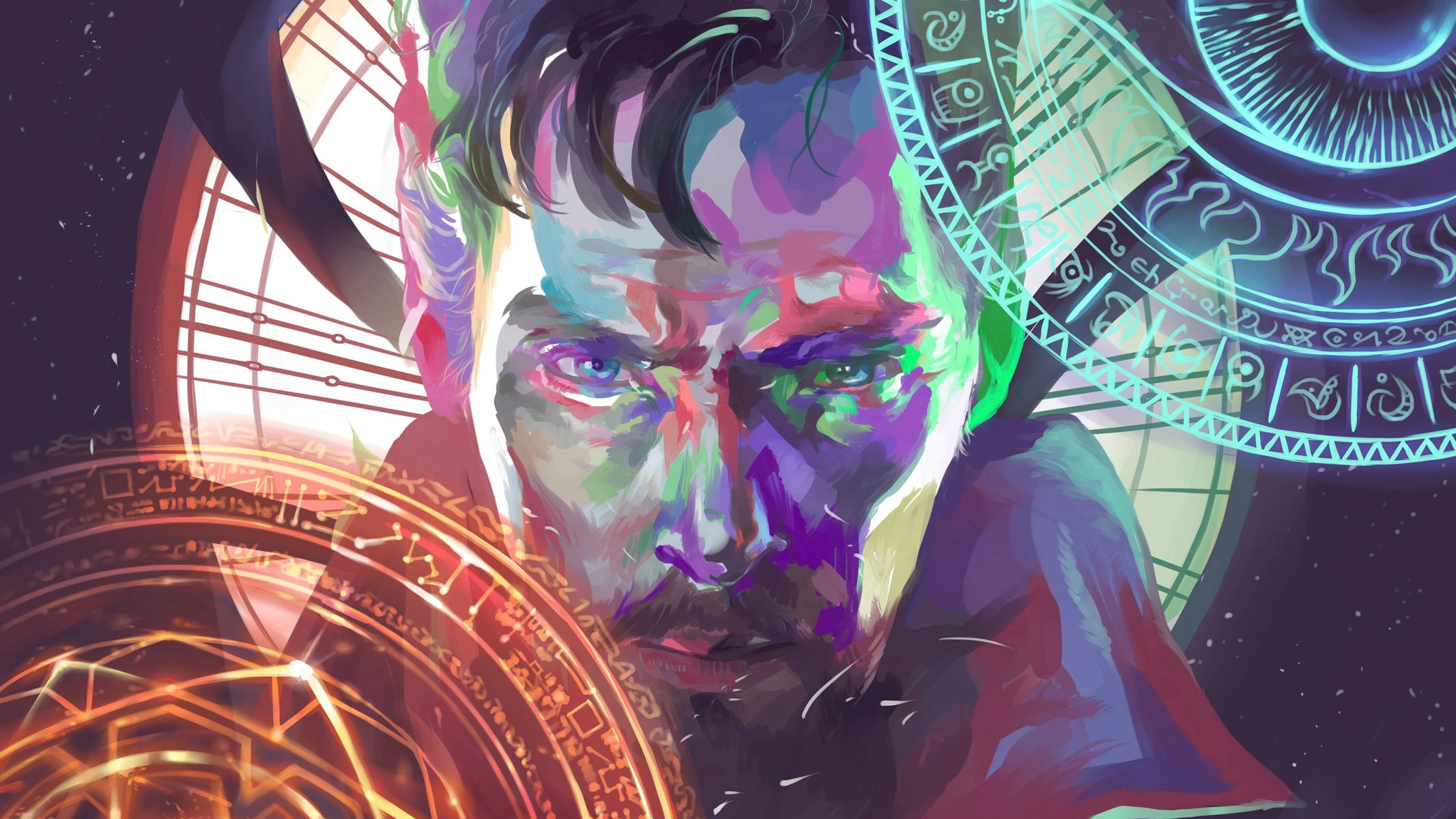 魔法動圖 桌布 壁紙 — 一幅數位繪製的肖像畫，描繪一位眼神銳利的男子，被發光的神秘圓圈和宇宙符號環繞。
