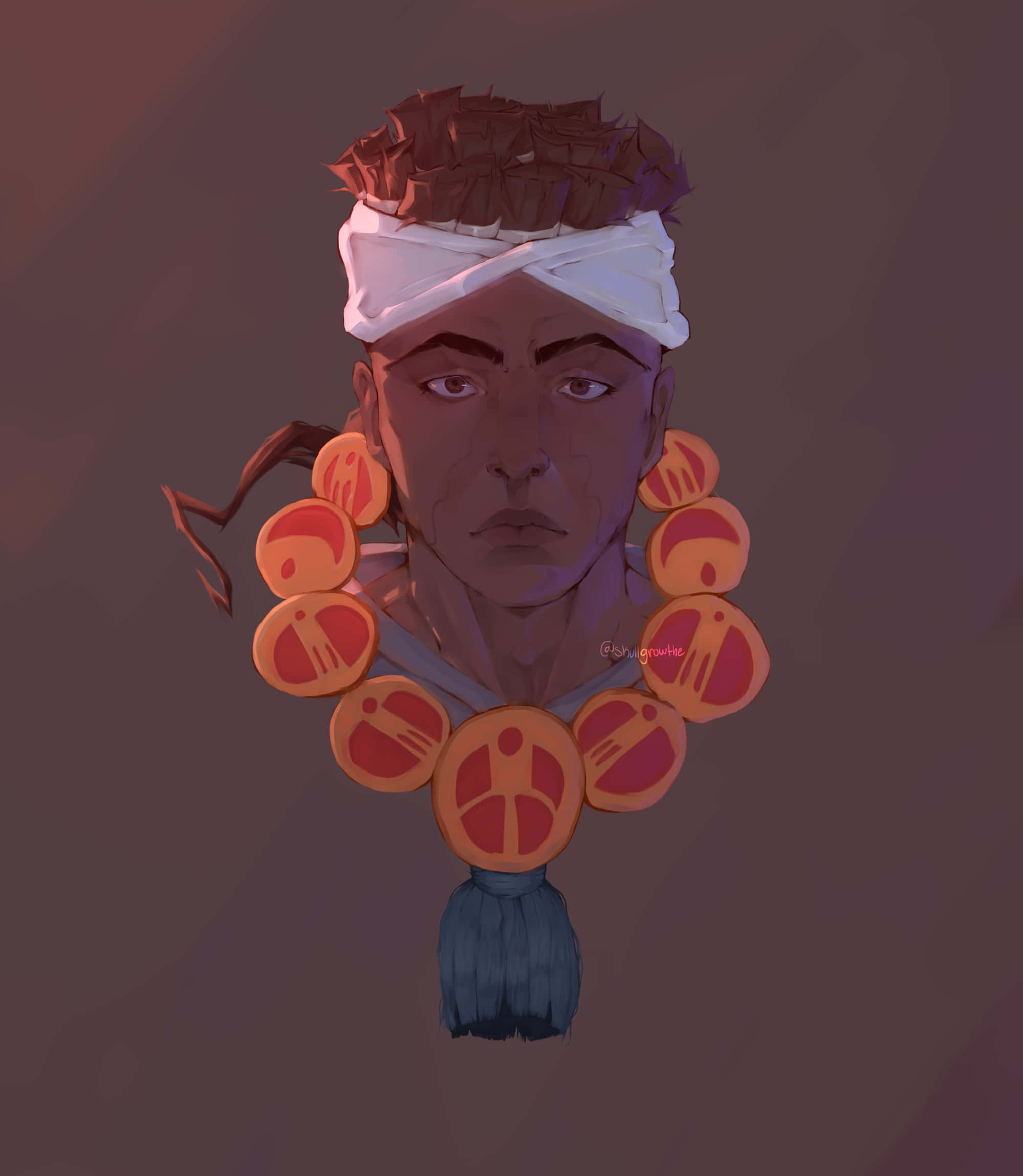 Muhammad Avdol 桌布 壁紙 — 一幅數位肖像，人物戴著白色頭帶和大型橙色圓形耳環，背景為柔和的棕色。