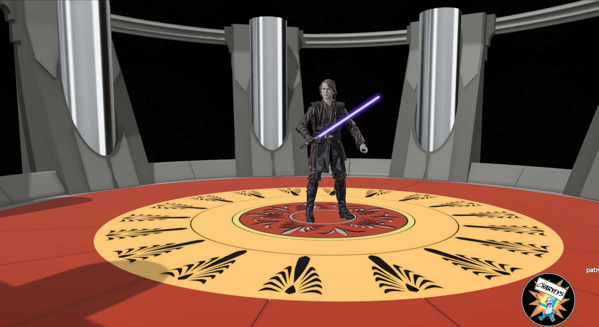 Jedi Council 桌布 壁紙 — 一幅數位藝術描繪，一名絕地武士在未來風格的房間中，於圓形紅金圖案平台上揮舞紫色光劍。