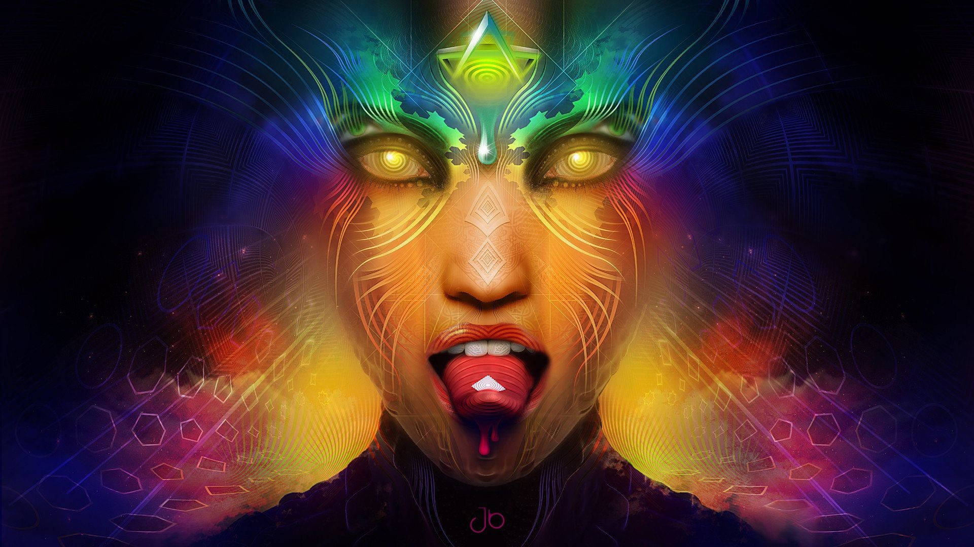chill stoner 桌布 壁紙 — 一幅數位藝術肖像畫，描繪一位女性，雙眼發光，額頭上有發光的三角形，在黑暗的宇宙背景下散發出鮮豔的霓虹色彩。