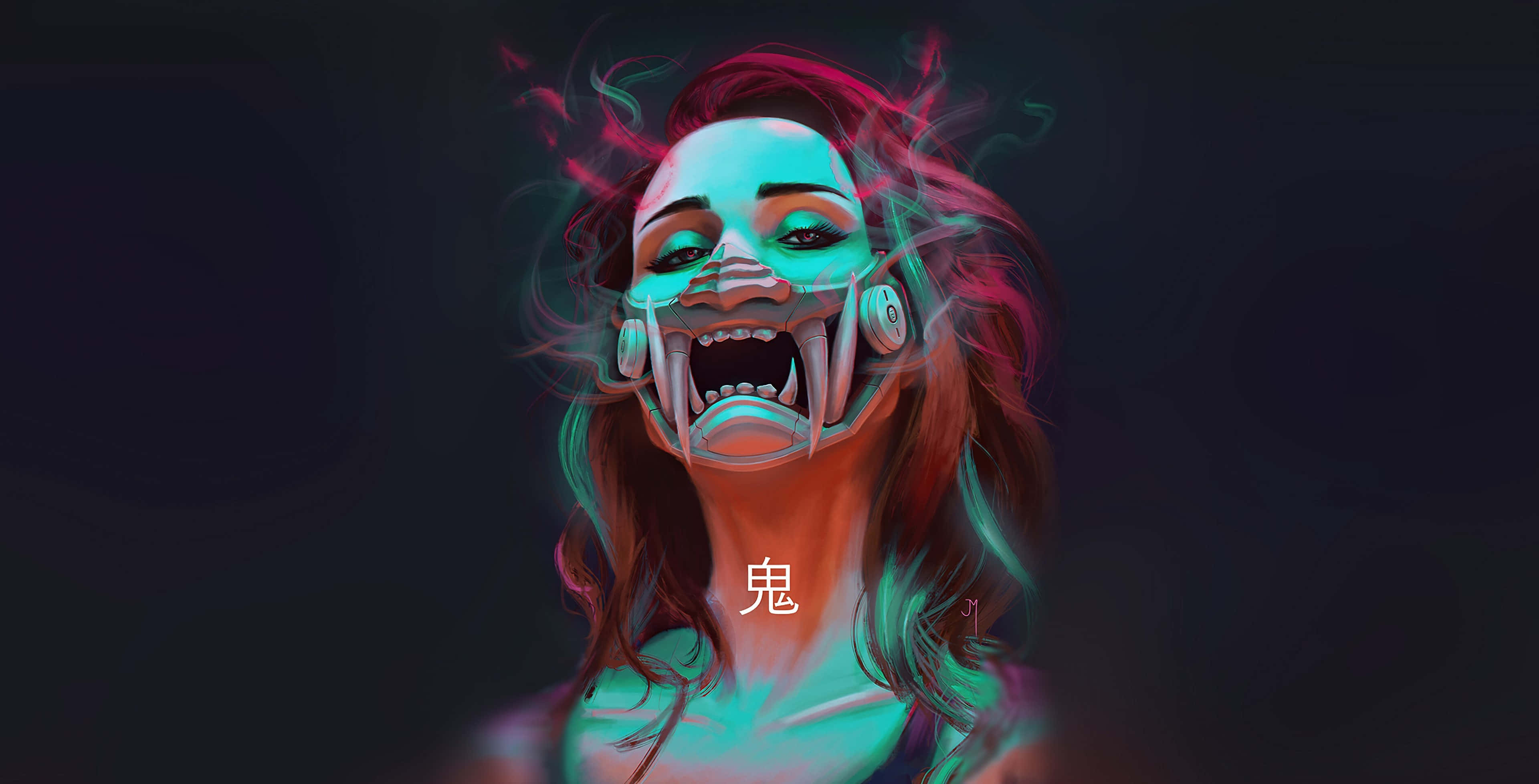 Yokai 桌布 壁紙 — 一幅數位藝術肖像畫，描繪一位擁有發光青色和洋紅色頭髮的女性，在黑暗背景下戴著機械狼面具。