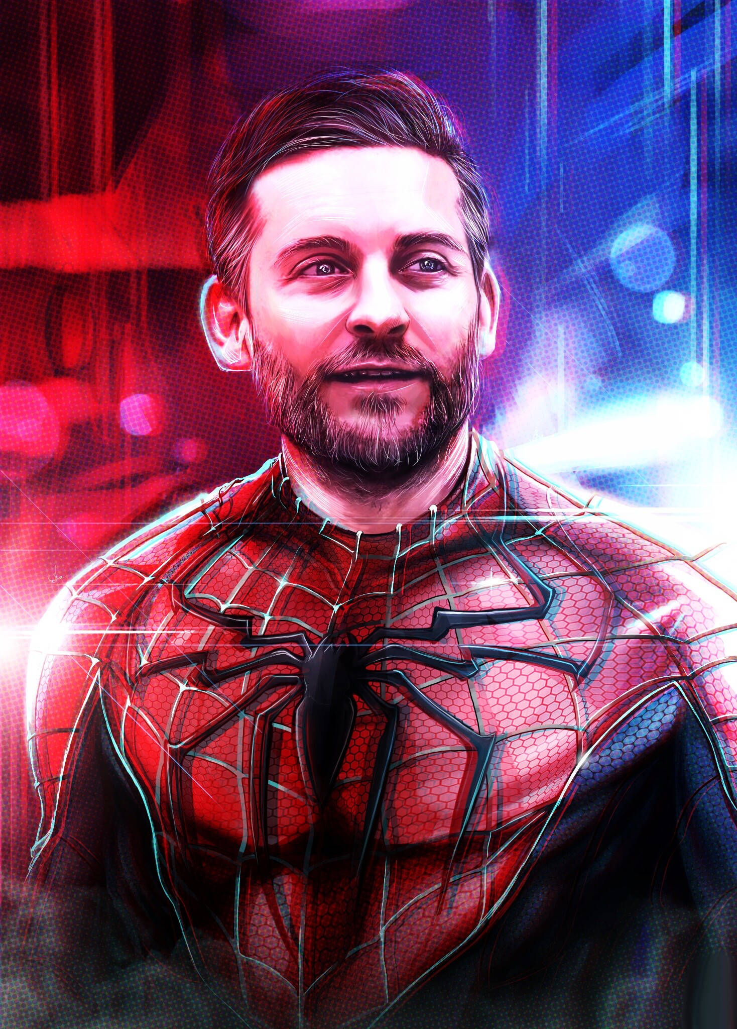Tobey Maguire 桌布 壁紙 — 一幅數位藝術肖像畫，描繪一位留鬍鬚的男子身穿紅藍蜘蛛人戰衣，背景是充滿活力的霓虹城市景觀。