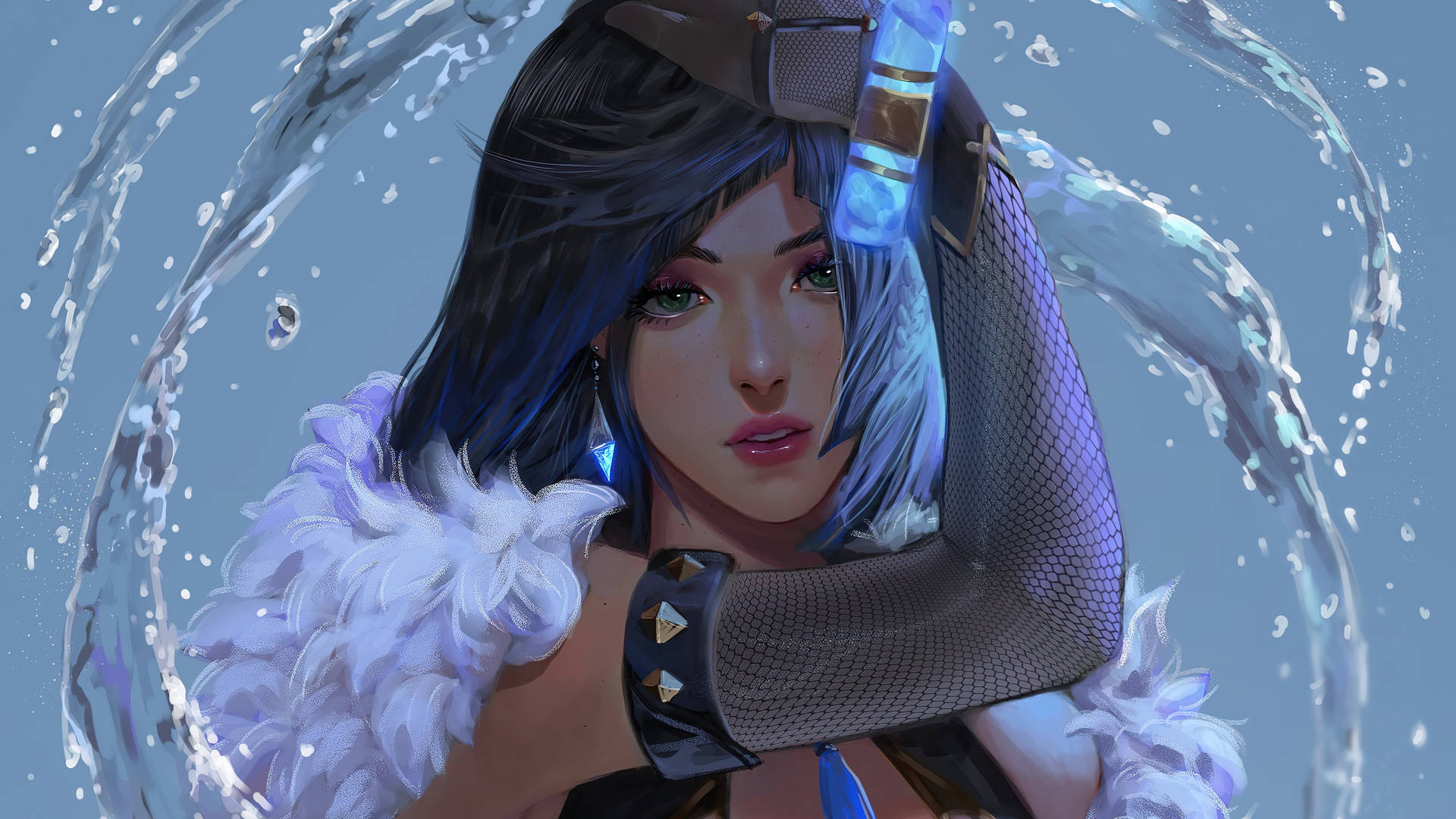 藍髮動漫少女，白色羽毛，被水環繞。