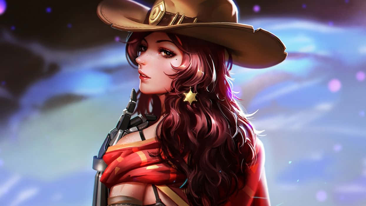 Overwatch Mccree 桌布 壁紙 — 一幅數位藝術肖像畫，描繪一位長紅髮女性戴著牛仔帽和星星耳環，背景是宇宙藍色。