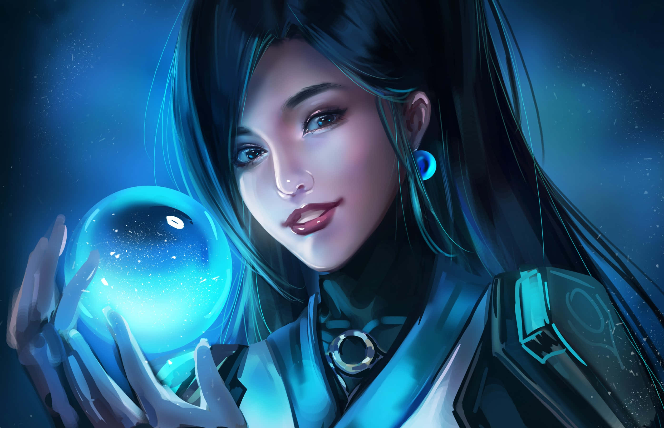 桌布 壁紙 — 一幅數位藝術肖像畫，描繪一位長黑髮女性，在繁星宇宙背景下手持一顆發光的藍色水晶球。