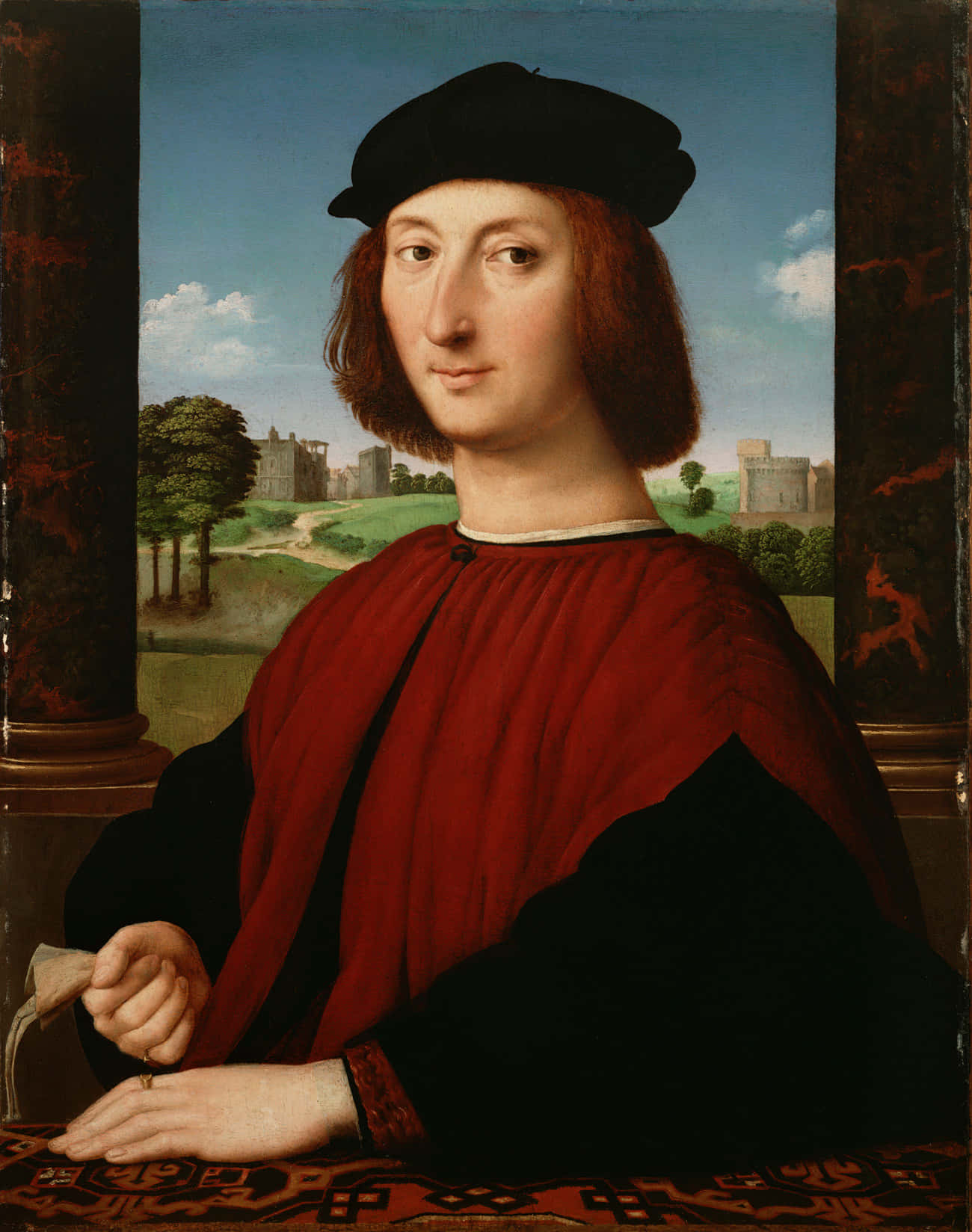 Renaissance 桌布 壁紙 — 一幅文藝復興時期的肖像畫，描繪一位身穿紅袍、頭戴黑色貝雷帽的年輕男子，坐在有城堡和樹木的風景前。