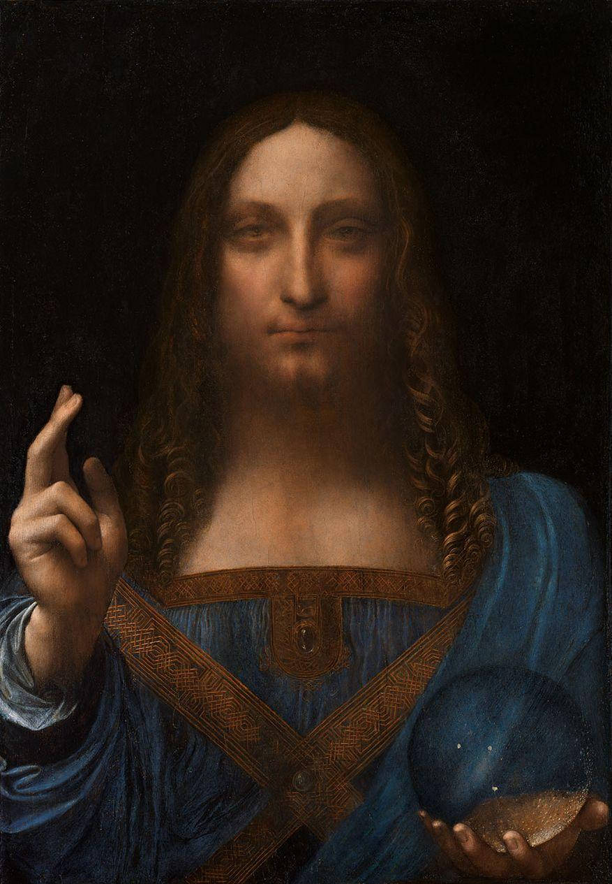 Leonardo Da Vinci 桌布 壁紙 — 一幅文藝復興時期肖像畫，描繪一位神情平靜、留鬍鬚、身穿藍袍的男子，手持天球儀並以右手做手勢。