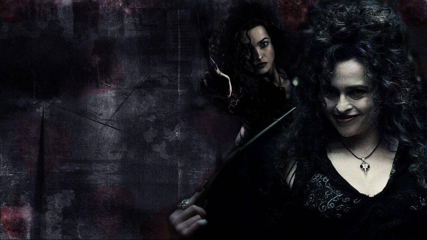 Bellatrix 桌布 壁紙 — 一幅昏暗燈光下的女巫肖像，她頭髮凌亂，手持魔杖，靠著一面粗糙骯髒的牆壁。