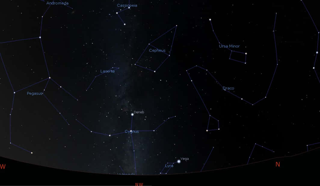 Starry Sky 桌布 壁紙 — 一幅星圖，顯示飛馬座和天琴座等星座，並在黑暗的宇宙背景上標註了星星。