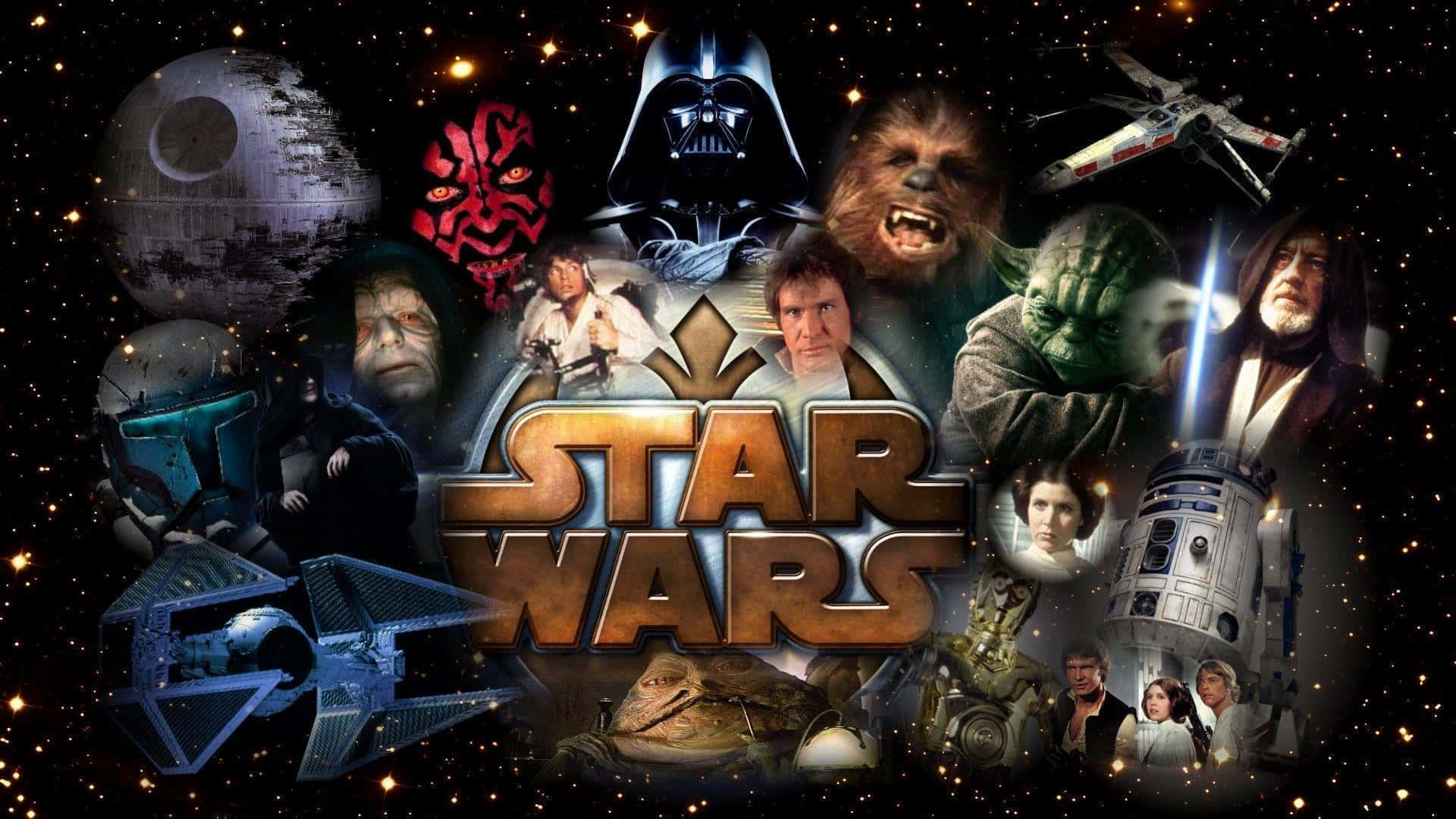 Star Wars Characters 桌布 壁紙 — 一幅星際大戰圖標的宇宙拼貼畫，包括黑武士、丘巴卡和死星，背景是繁星點點的太空。