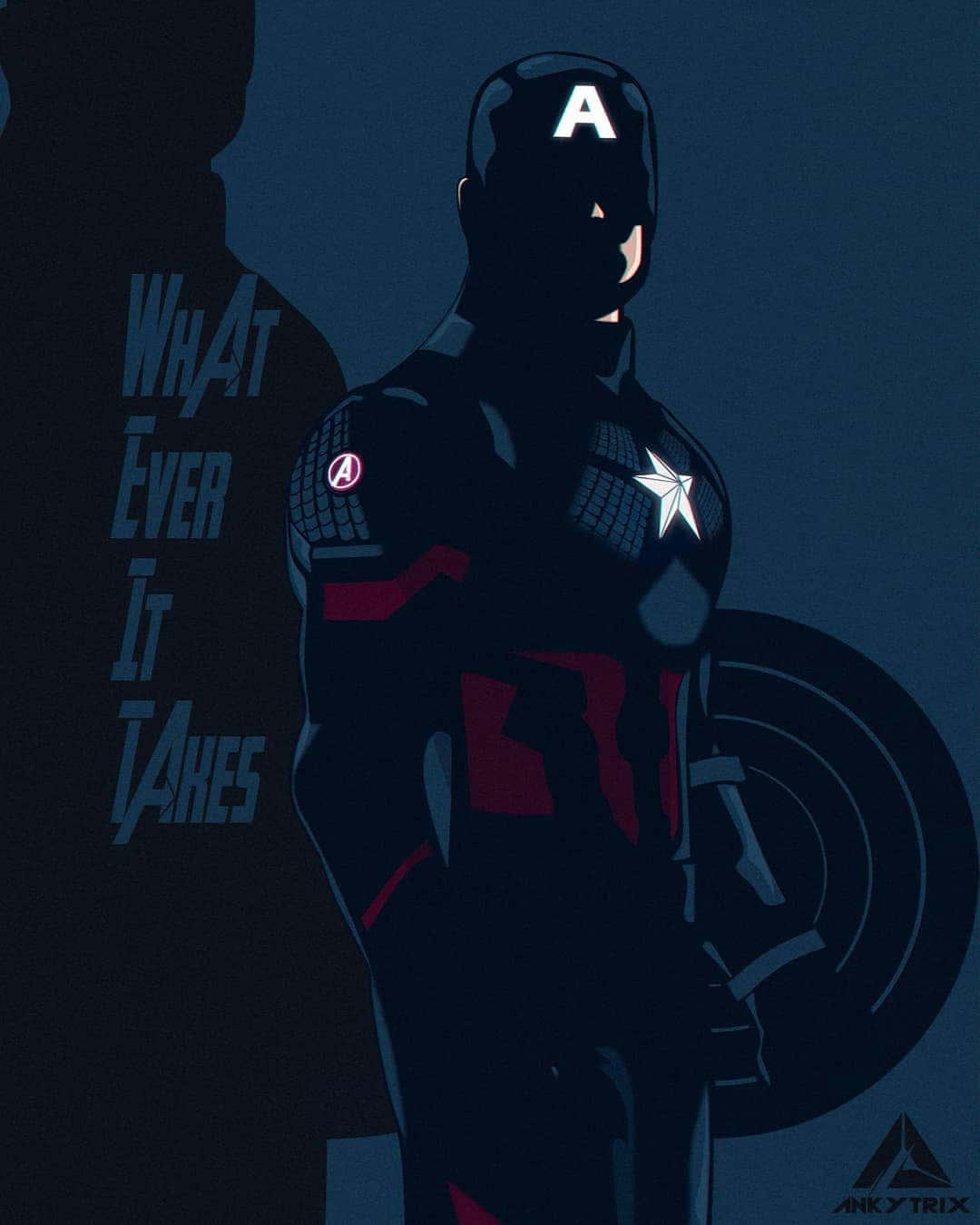 Retro Captain America 桌布 壁紙 — 一幅暗色調的數位插圖，描繪美國隊長以剪影形式手持盾牌，旁邊寫著「What Ever It Takes」。