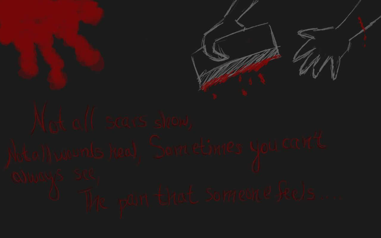 Dark Emo 桌布 壁紙 — 一幅暗色黑板風格的圖畫顯示血手印和一隻手拿著一個滴血的盒子，以及關於看不見的疼痛的手寫文字。
