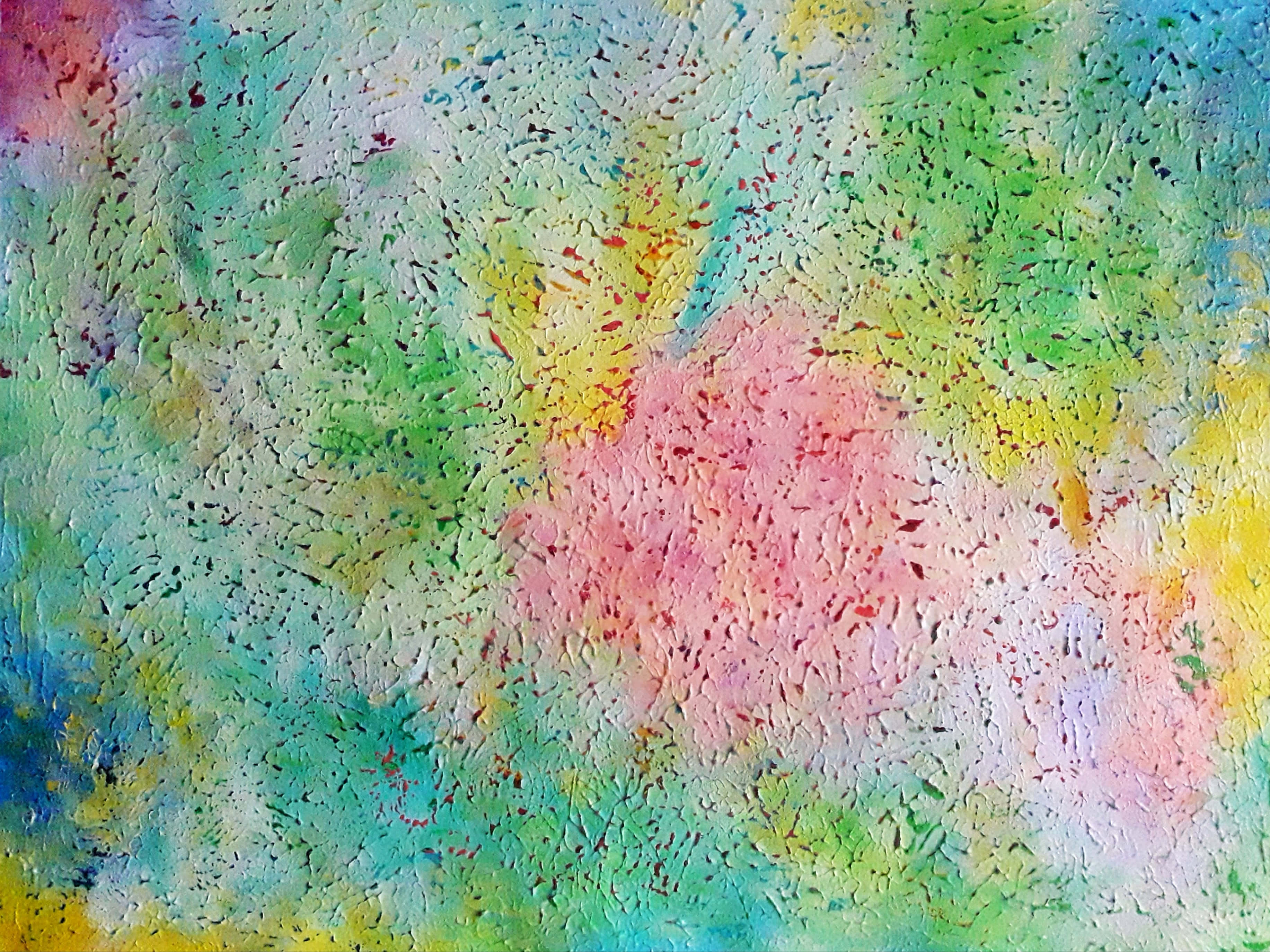 Paint Texture 桌布 壁紙 — 一幅有紋理的抽象畫，帶有充滿活力的粉紅色、綠色、黃色和藍色潑濺，營造出夢幻般的分層效果。