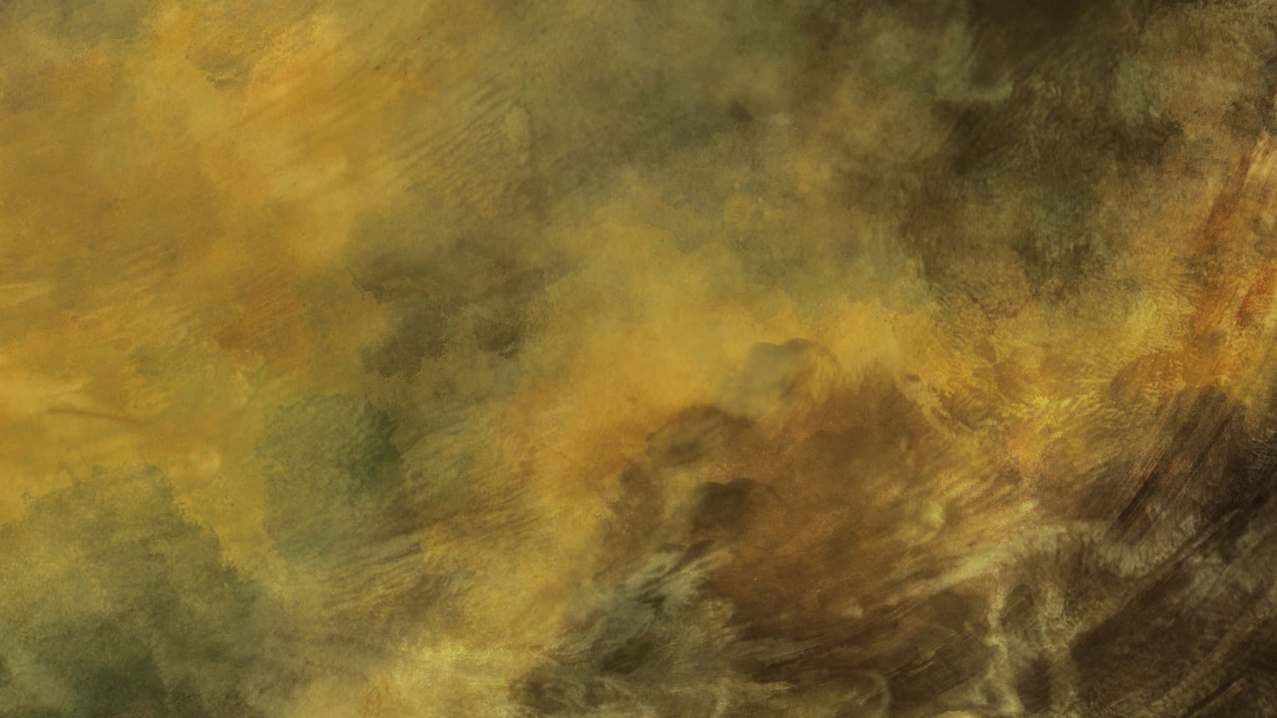 Yellow Grunge 桌布 壁紙 — 一幅有紋理的抽象畫，帶有旋轉的金色赭石和深沉的土色調，融入柔和的煙熏陰影中。