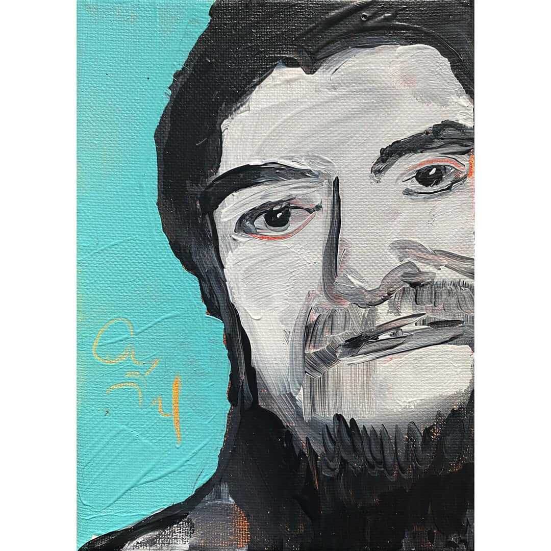 Painting 桌布 壁紙 — 一幅有紋理的油畫肖像，描繪一位留鬍鬚的男子，眼神強烈，背景是充滿活力的青綠色。