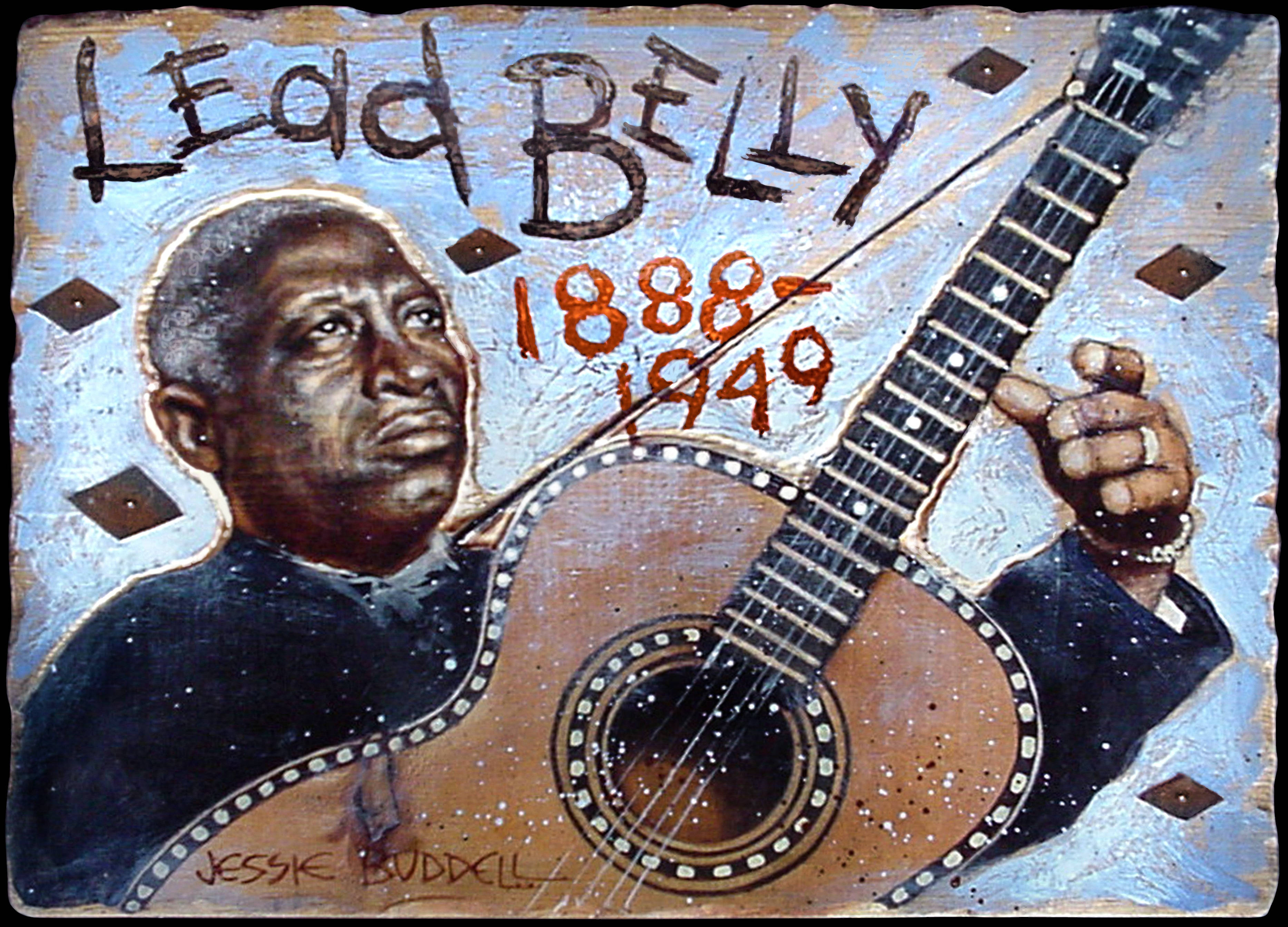 Painting 桌布 壁紙 — 一幅有紋理的畫作，描繪音樂家 Lead Belly 手持吉他，上方大膽地繪有他的生卒年份和名字。