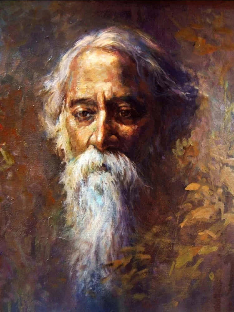  壁紙 — 一幅有質感的油畫，描繪一位長著白色長鬍鬚、目光銳利的老人，背景是溫暖的抽象風格。