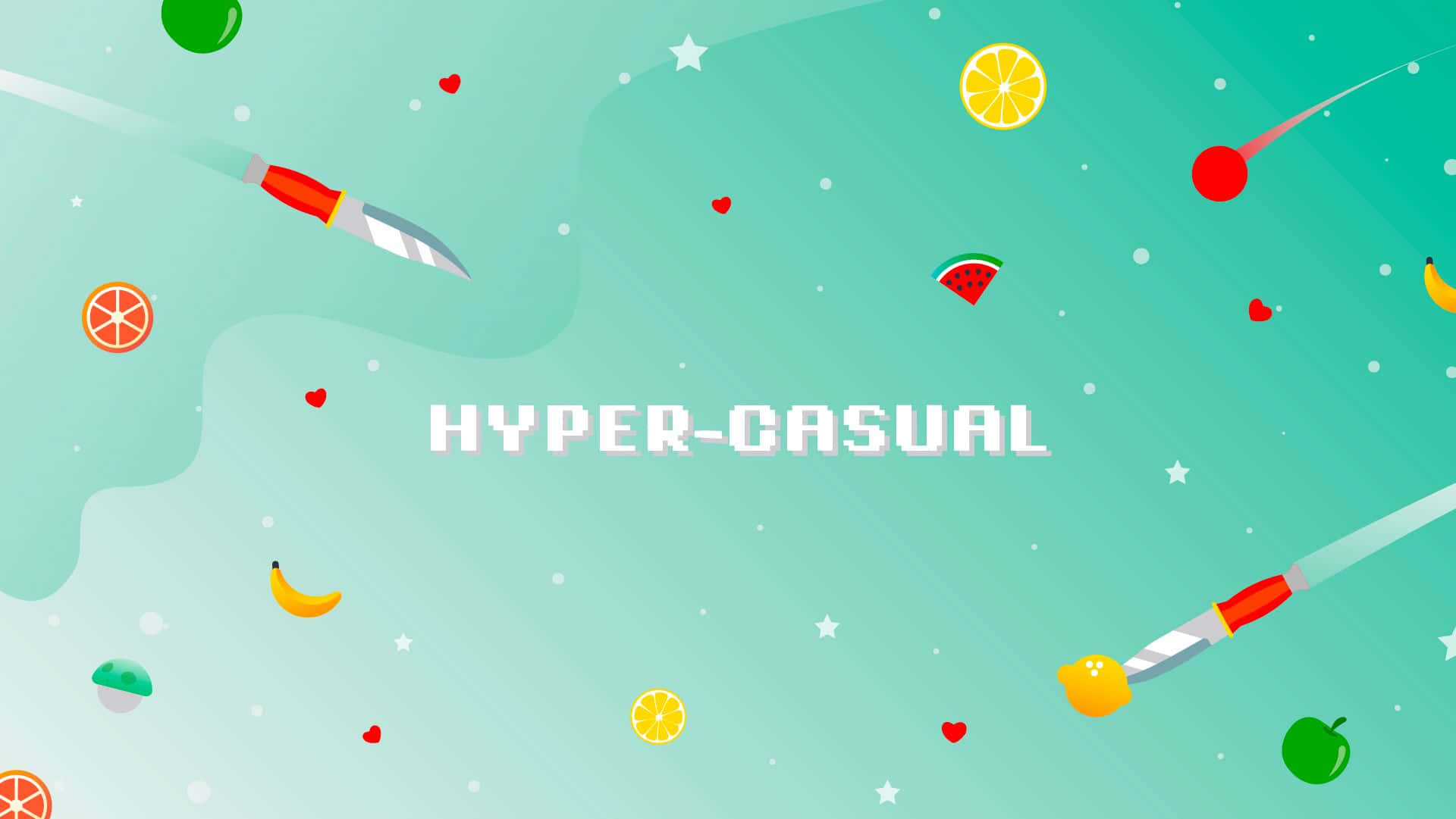 Casual Games 桌布 壁紙 — 一幅有趣的數位插圖，描繪漂浮的水果、刀子和心形，背景為青綠色漸變。