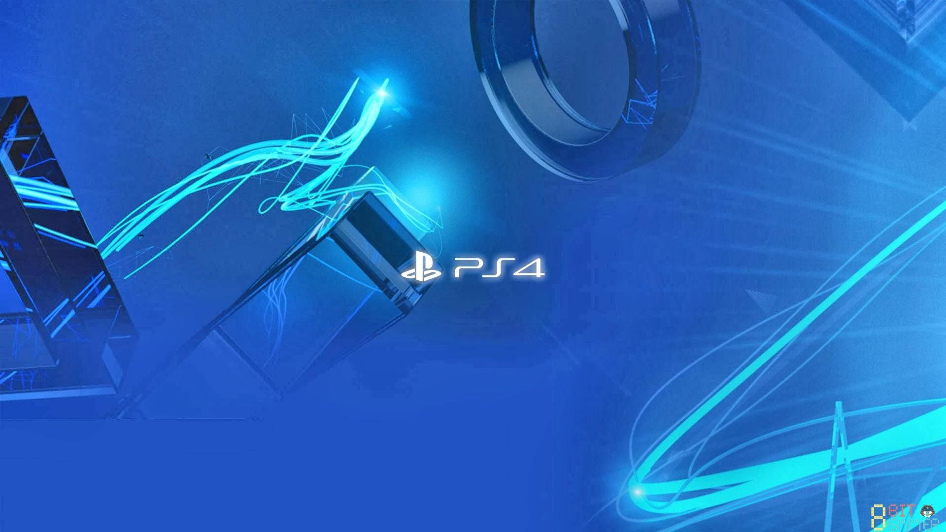 遊戲主機PS4標誌被發光的藍色數位線條和形狀包圍。 — Ps4 壁紙