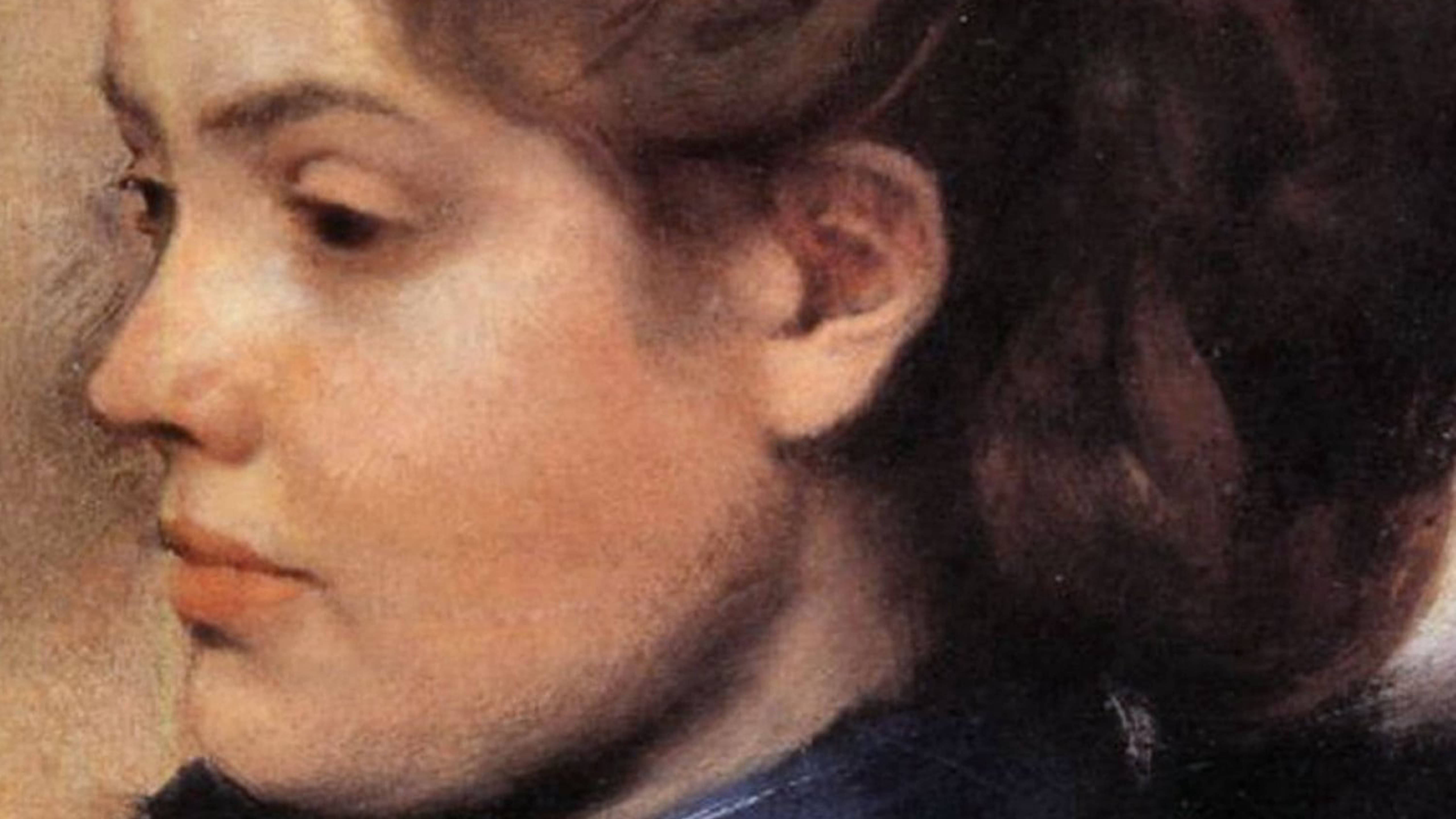 Degas 桌布 壁紙 — 一幅柔和油畫肖像，描繪一位側面女性，擁有溫暖膚色和深色頭髮。