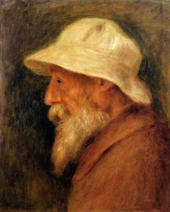 Renoir 桌布 壁紙 — 一幅柔和油畫肖像，描繪一位留著白鬍子、戴寬邊帽的老人，側面輪廓映襯在深色背景上。