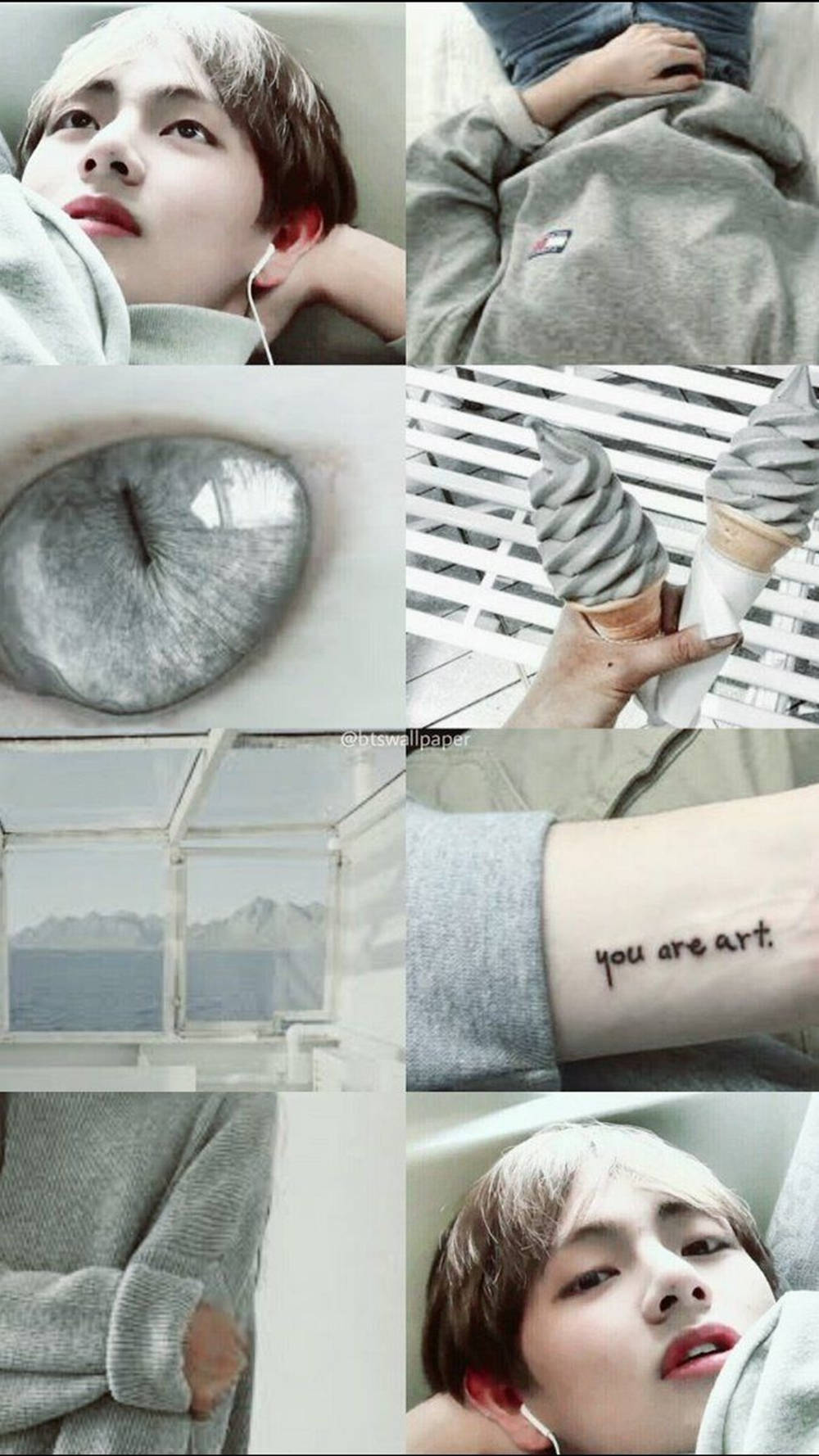 Kpop Aesthetic 桌布 壁紙 — 一幅柔和灰色調的拼貼畫，展示穿著連帽衫的人、冰淇淋、紋身和透過窗戶看到的山景。