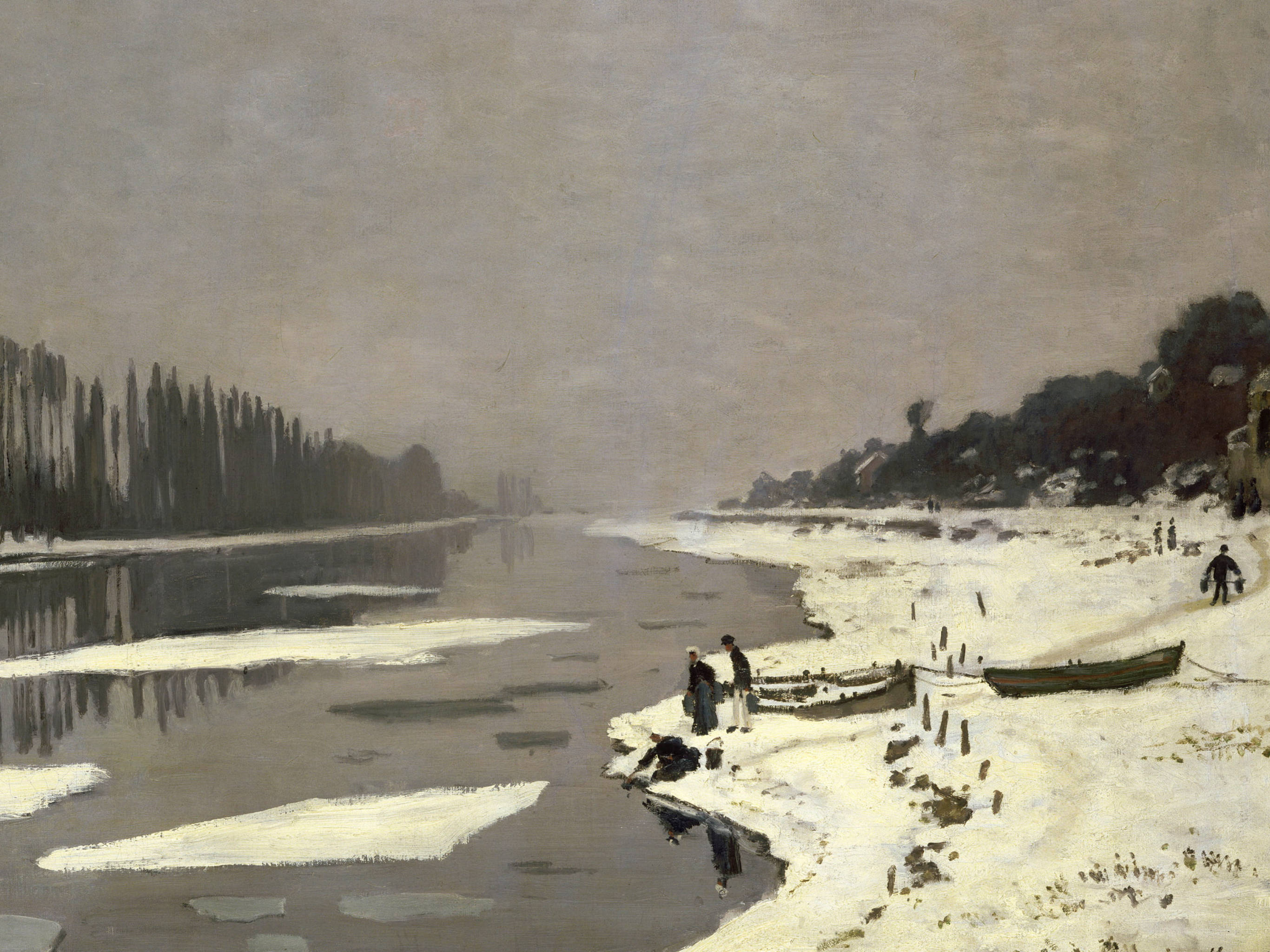Monet 桌布 壁紙 — 一幅柔和的冬日河景，有浮冰、雪覆蓋的河岸，以及陰天中船隻附近的人物。