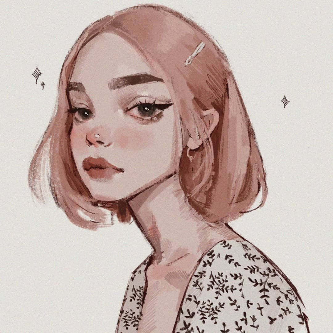 美學個人檔案 桌布 壁紙 — 一幅柔和的水彩插畫，描繪一位短棕髮、身穿花卉上衣的年輕女子，若有所思地凝視著。