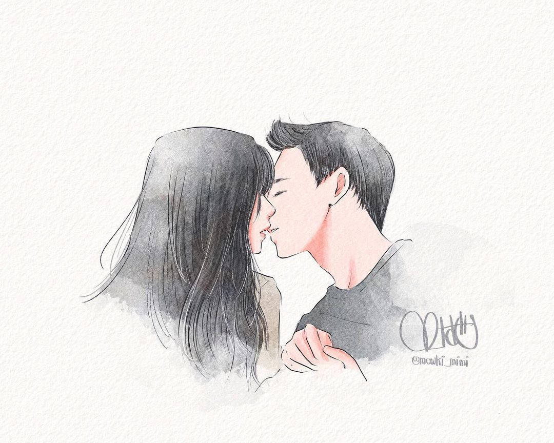 Snowdrop Drama 桌布 壁紙 — 一幅柔和的水彩插畫，描繪一對情侶在紋理紙上溫柔親吻，色調為柔和的灰色和腮紅色。