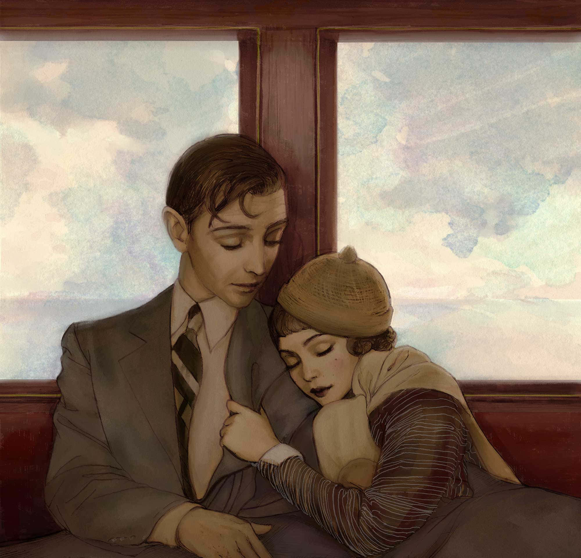 Falling In Love 桌布 壁紙 — 一幅柔和的水彩插畫，描繪一男一女在火車座位上一起休息，窗外可見柔和的粉彩天空。