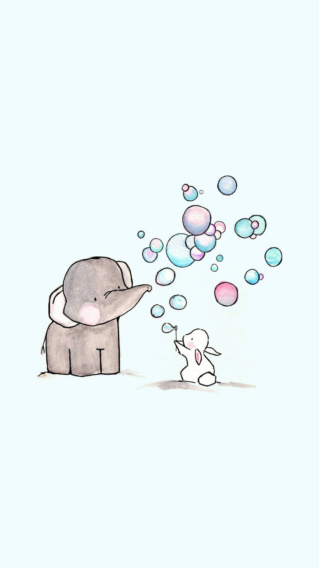 Cute Bunny 桌布 壁紙 — 一幅柔和的水彩插畫，描繪了一隻灰色大象和一隻白色兔子在柔和的淺藍色背景下一起吹出粉彩色的泡泡。