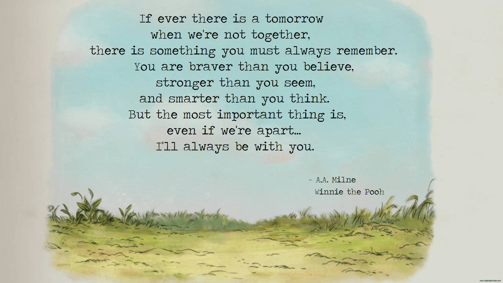 Winnie The Pooh Quotes 桌布 壁紙 — 一幅柔和的水彩插畫，描繪了柔軟藍天下的一片草地，中央以優雅的黑色字體寫著振奮人心的小熊維尼語錄。