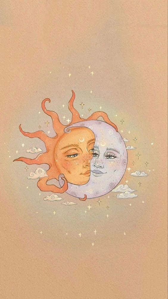 Sun And Moon Aesthetic 桌布 壁紙 — 一幅柔和的水彩插畫，描繪太陽和月亮帶有人類面孔，在星星和雲朵中擁抱。