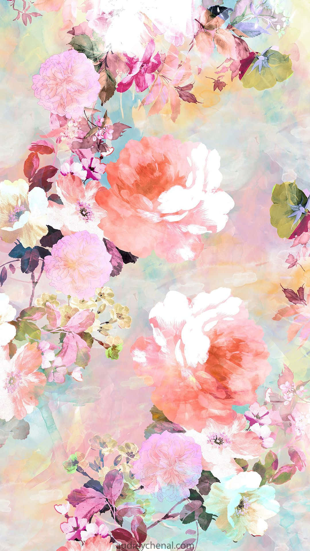 Watercolor Flower 桌布 壁紙 — 一幅柔和的水彩畫，描繪了盛開的粉紅色桃花和白色花朵，搭配綠色葉子，背景為粉彩漸變色。