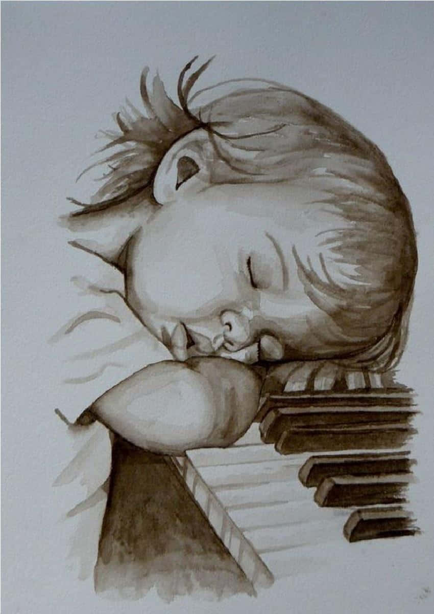 鋼琴 桌布 壁紙 — 一幅柔和的水彩素描，描繪一個孩子睡著，頭枕在鋼琴鍵上，以懷舊的棕褐色調呈現。