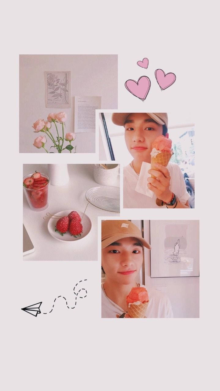 Strawberry Aesthetic 桌布 壁紙 — 一幅柔和粉彩拼貼畫，描繪一位年輕男子在舒適的室內環境中享用草莓冰淇淋、新鮮草莓和粉紅玫瑰。