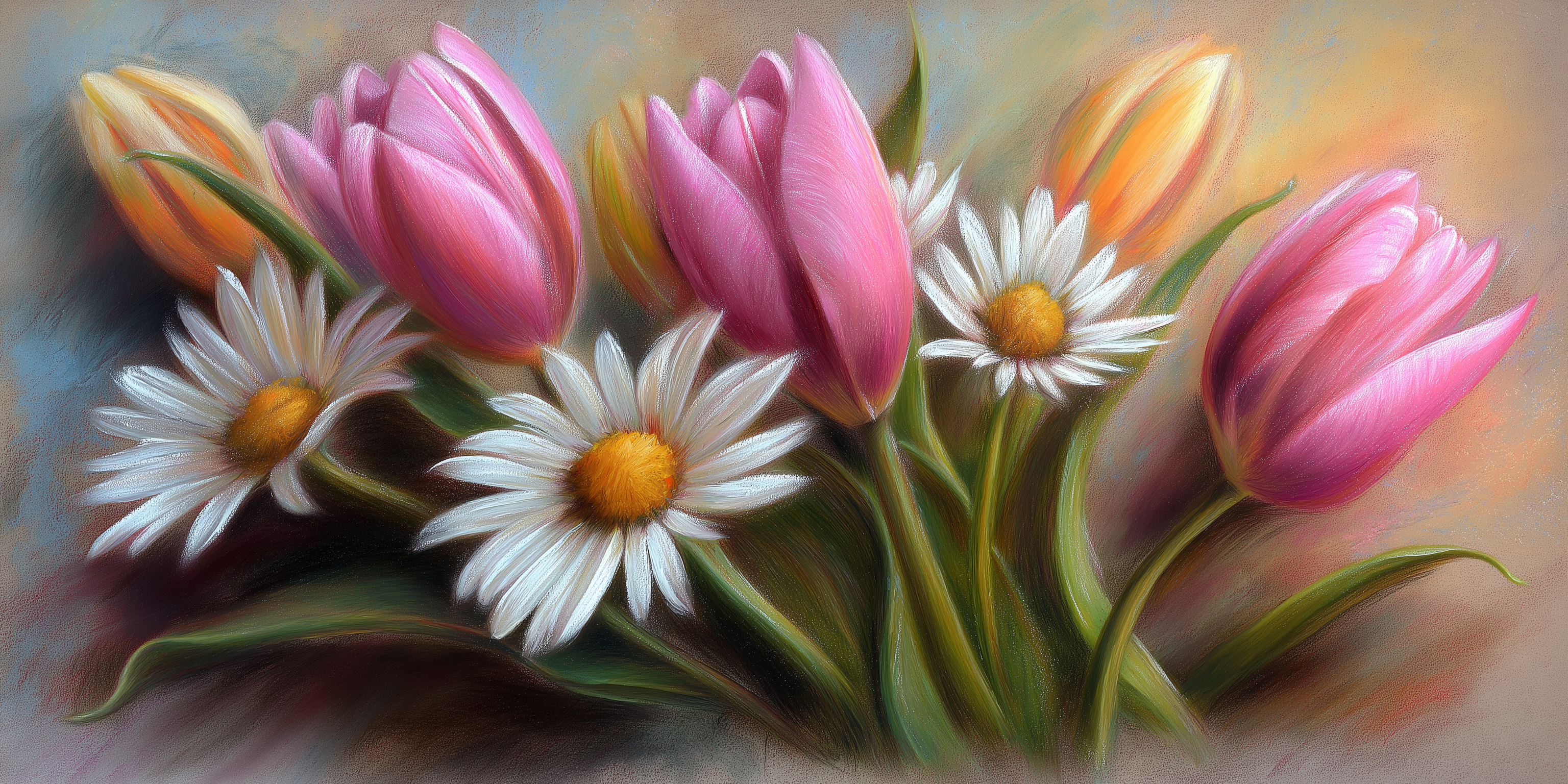 pastel 桌布 壁紙 — 一幅柔和粉彩畫，描繪粉紅色鬱金香和帶有黃色花心的白色雛菊，以溫柔的簇狀排列。