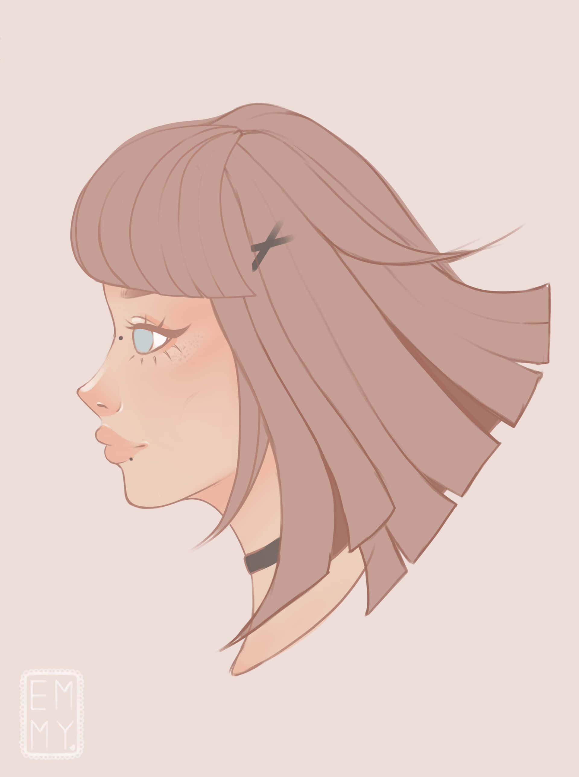 高清 桌布 壁紙 — 一幅柔和粉彩調的動漫風格插畫，描繪一位淺棕色頭髮、戴著黑色頸鏈的年輕女性側面。