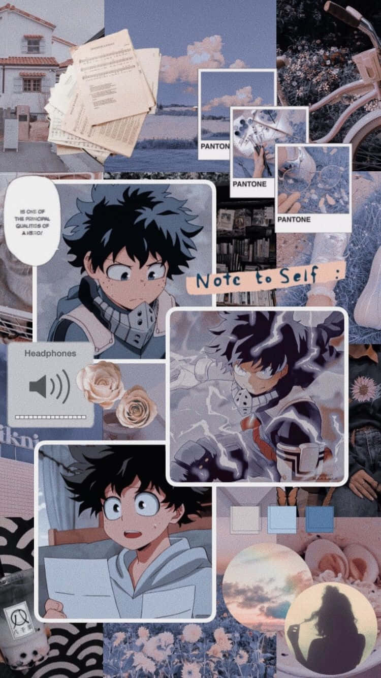 Aesthetic Deku 桌布 壁紙 — 一幅柔和色調的動漫拼貼畫，包含《我的英雄學院》角色、Pantone色票、花朵和手寫筆記，呈現夢幻美感。