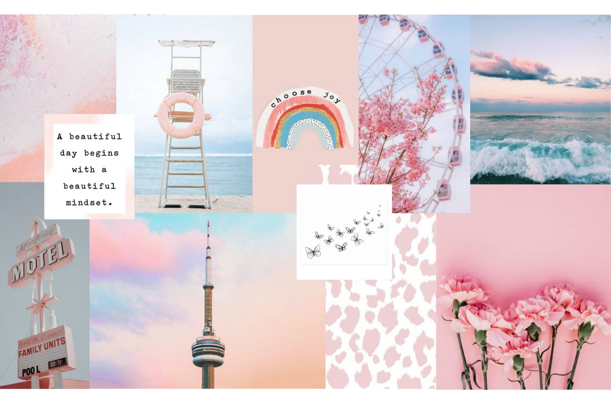 Spring Aesthetic 桌布 壁紙 — 一幅柔和色調的拼貼畫， featuring 救生員瞭望塔、沙灘、彩虹、櫻花、海浪、汽車旅館招牌、CN 塔和粉紅花朵。