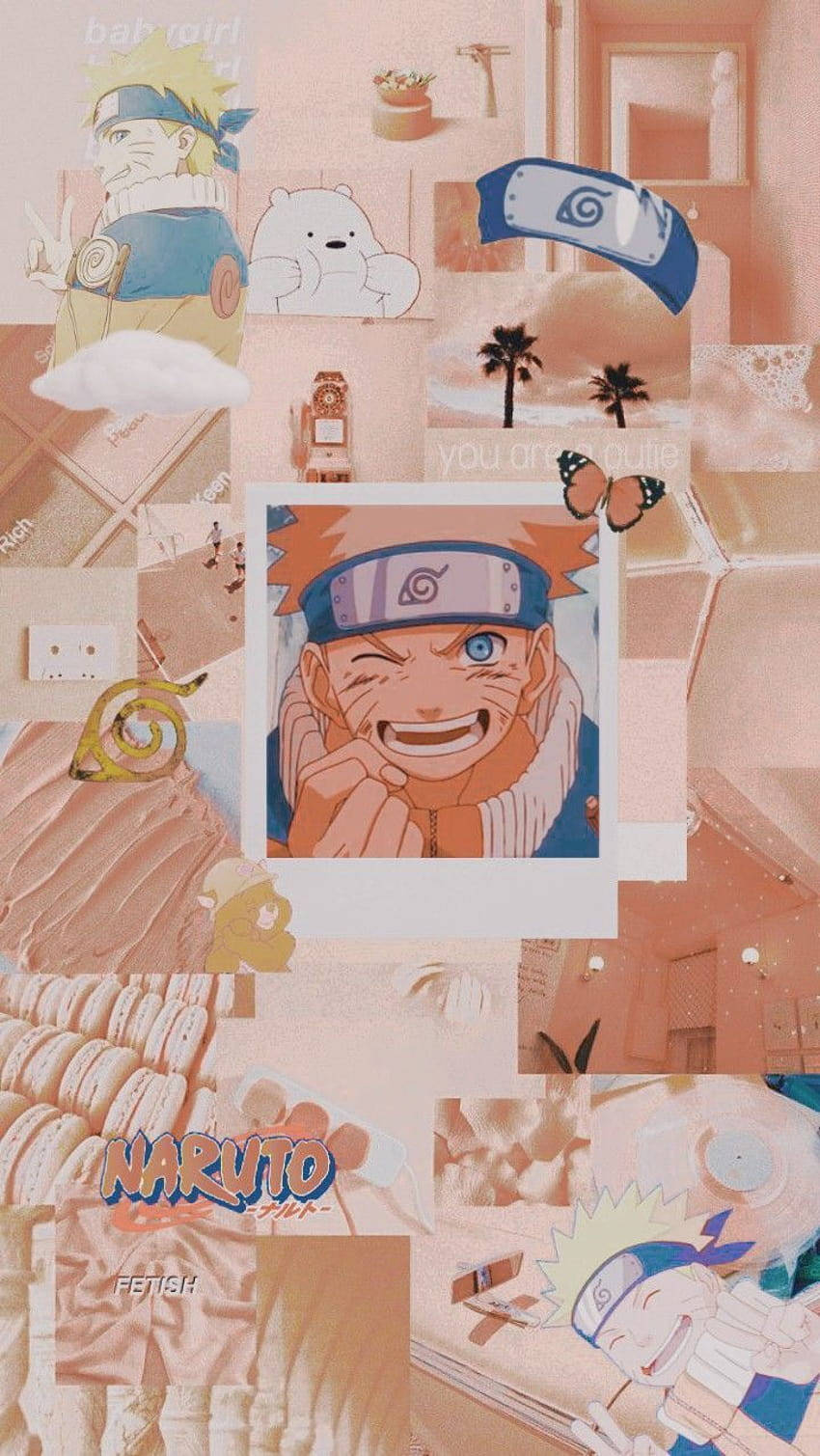 Naruto Aesthetic Phone 桌布 壁紙 — 一幅柔和色調的拼貼畫， featuring 動畫角色漩渦鳴人以各種姿勢和場景出現，周圍環繞著可愛插圖和熱帶元素。