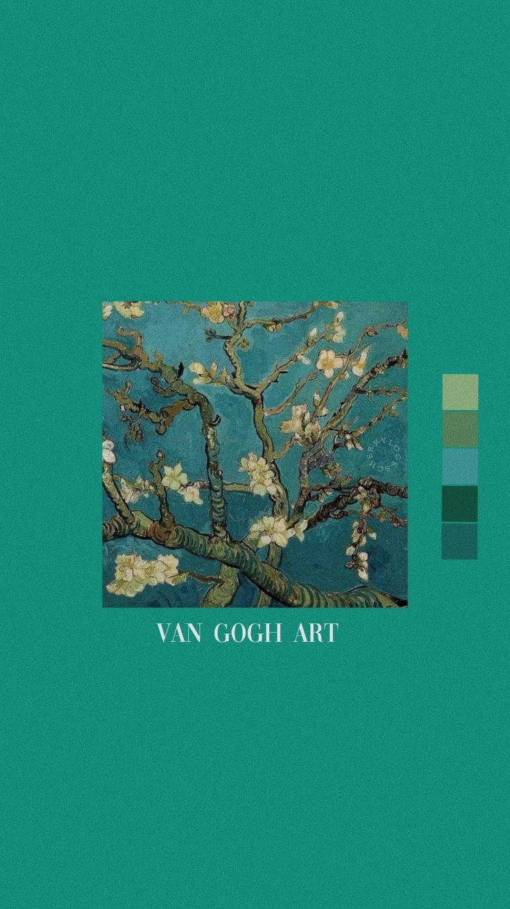 Vincent 桌布 壁紙 — 一幅梵谷杏仁花畫作，居中於青綠色背景上，附有顏色調色板樣本。